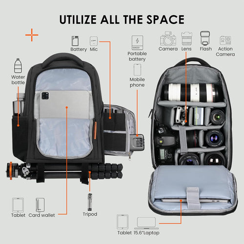 Camera Backpack for Photographers - Compact 15L Camera Bag with 15.6 Inch Laptop Compartment 