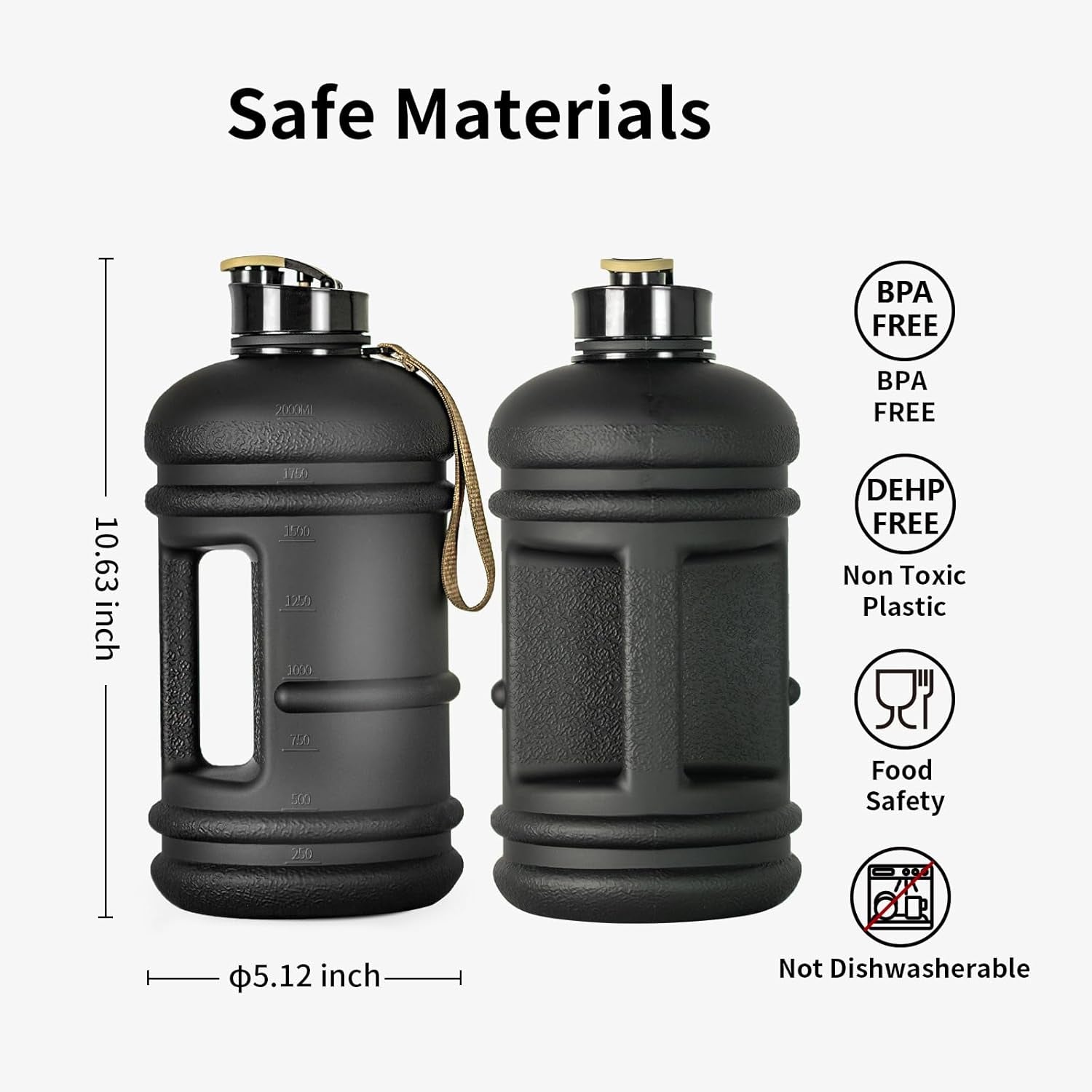 2 Liter Water Bottles - Half Gallon Water Bottle BPA Free - Ideal for Gym, Big Water Jug, Reusable Sports Bottle with Measurements Marked Drink Container (2.2L 74Oz Matte Black Water Jugs) | Half Gallon, Water Bottle, BPA Free, Ideal for Gym, Big Water Jug