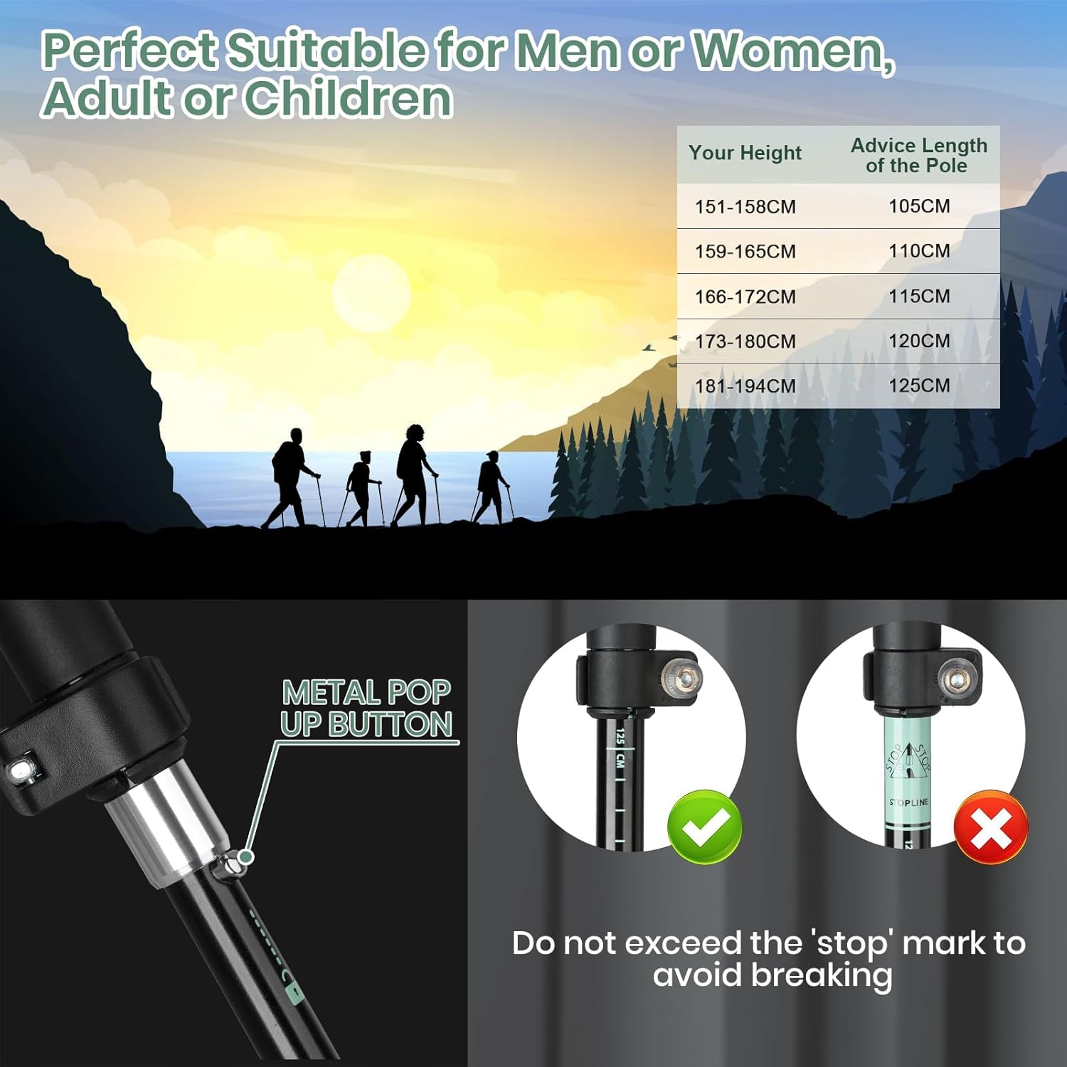 2 Pack Collapsible Lightweight Trekking Poles, Adjustable 7075 Aluminum Hiking Poles with Anti-Shock EVA Foam Grips Quick Lock System & 4 Terrain Tips for Men & Women Travel, Trails & Balance