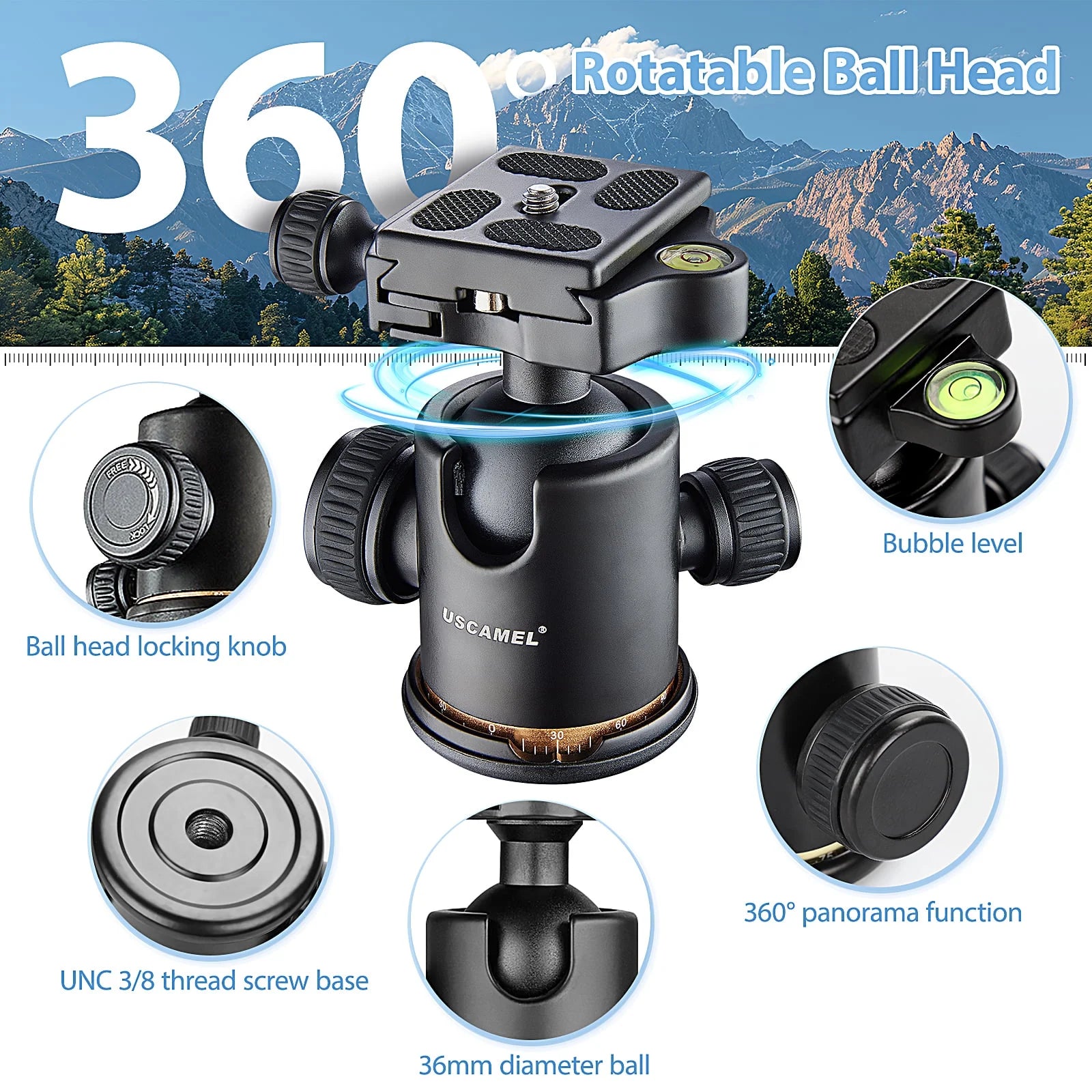 Camera Tripod, Pro Video Tripods for Camera DSLR Adjustable 63" Monopod, Foldable Outdoor Shooting Tripod Travel Photography 360° Ball Head