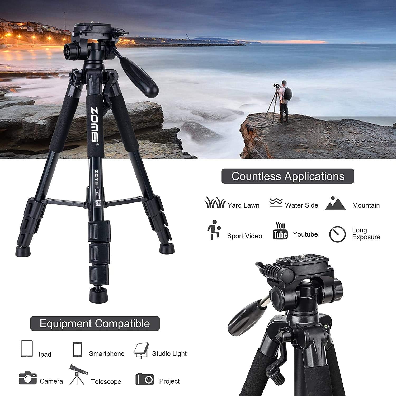 Camera Tripod 55-Inch Q111 with Phone Holder,Cell Phone Tripod Stand Protable Lightweight for Canon Nikon Sony DSLR Projector Webcam Spotting Scopes Gopro and Smartphones Live(Black)