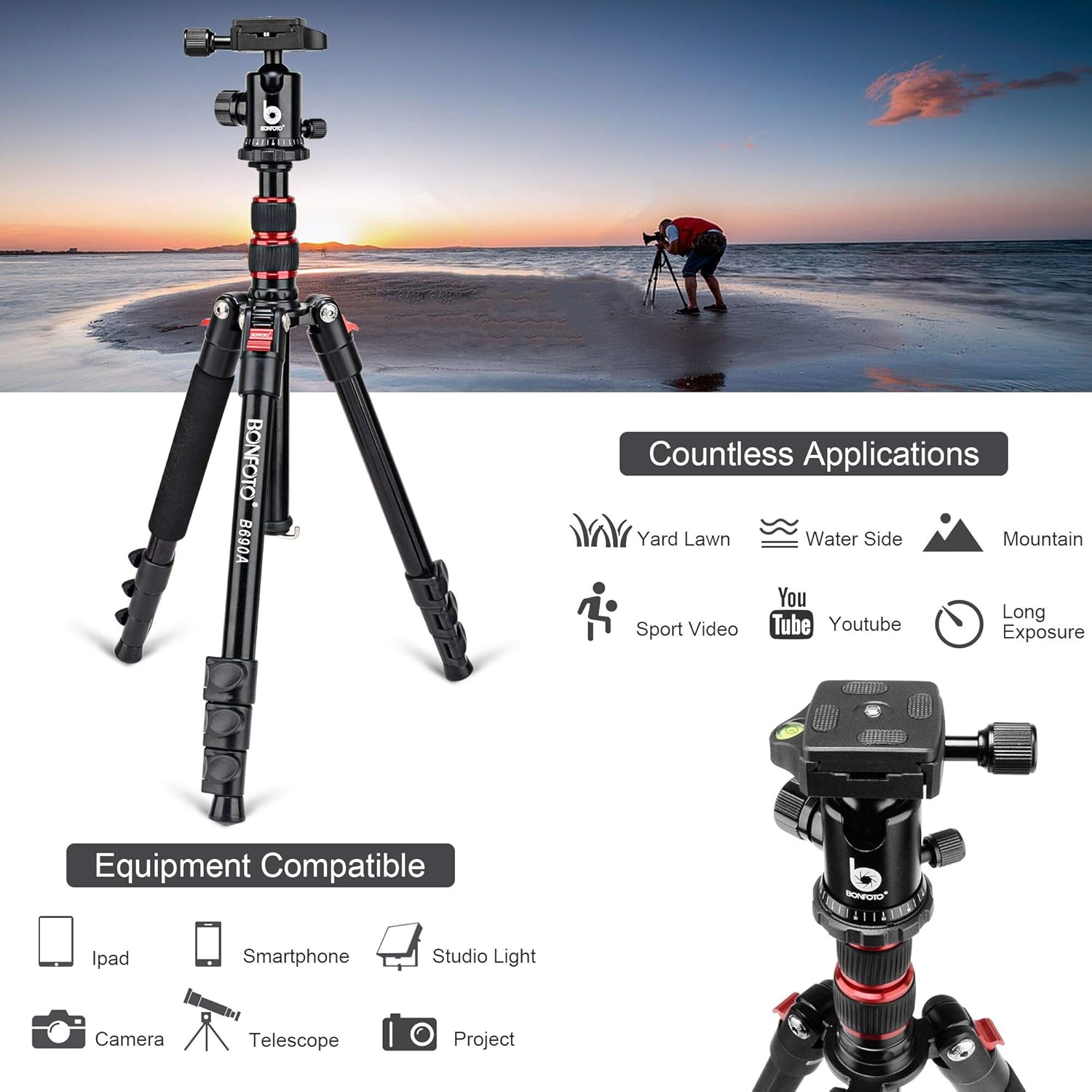 B690A Camera Tripod for Travel,Lightweight Aluminum Portable DSLR Tripod with 360 Degree Ball Head and Carry Bag, Camera Stand for Ring Light & Canon Nikon Sony DSLR