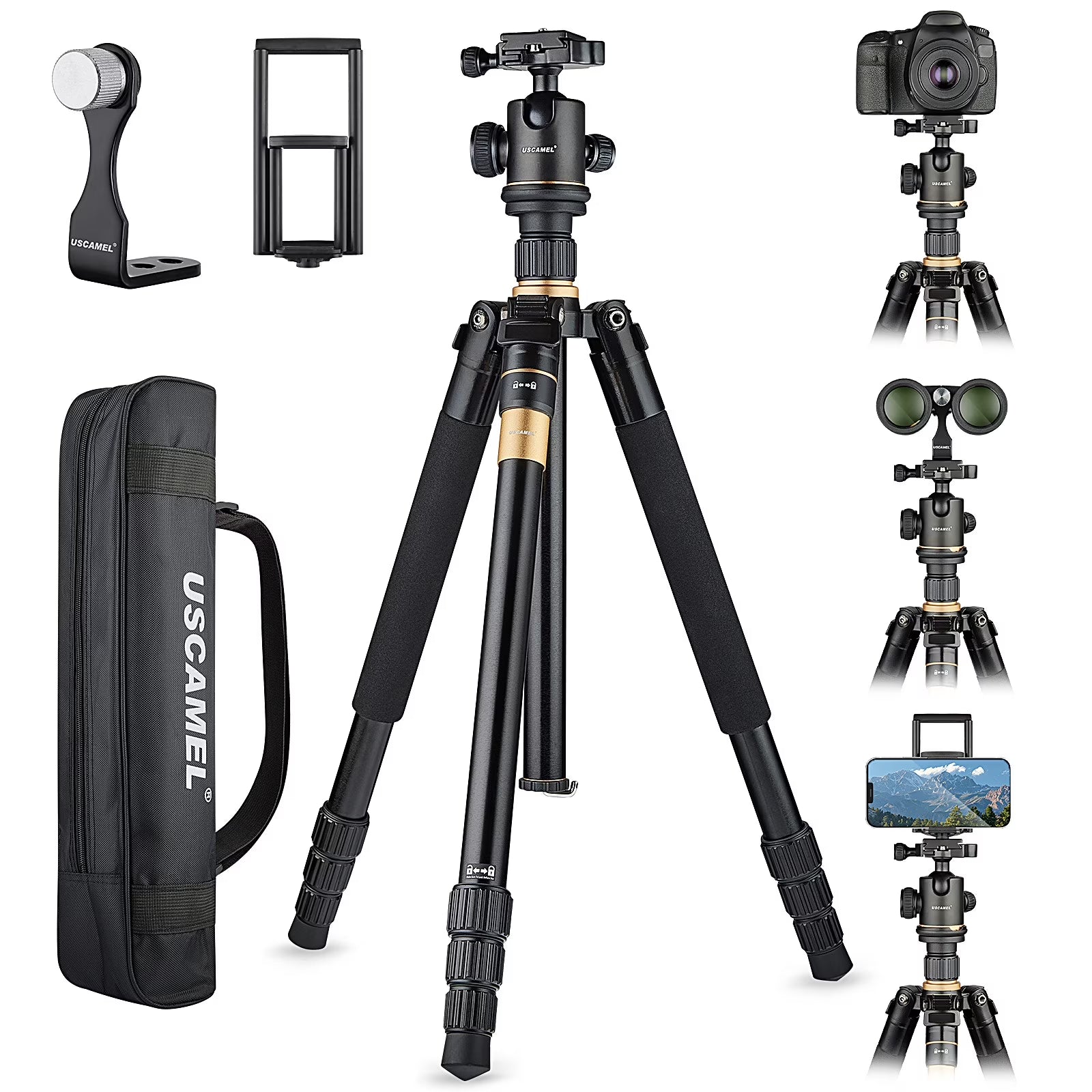 Camera Tripod, Pro Video Tripods for Camera DSLR Adjustable 63" Monopod, Foldable Outdoor Shooting Tripod Travel Photography 360° Ball Head