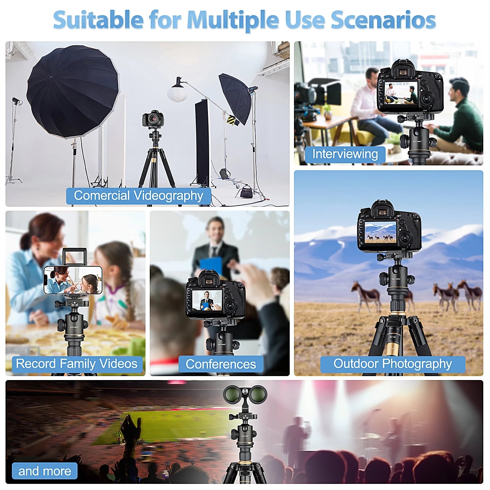 Camera Tripod, Pro Video Tripods for Camera DSLR Adjustable 63" Monopod, Foldable Outdoor Shooting Tripod Travel Photography 360° Ball Head