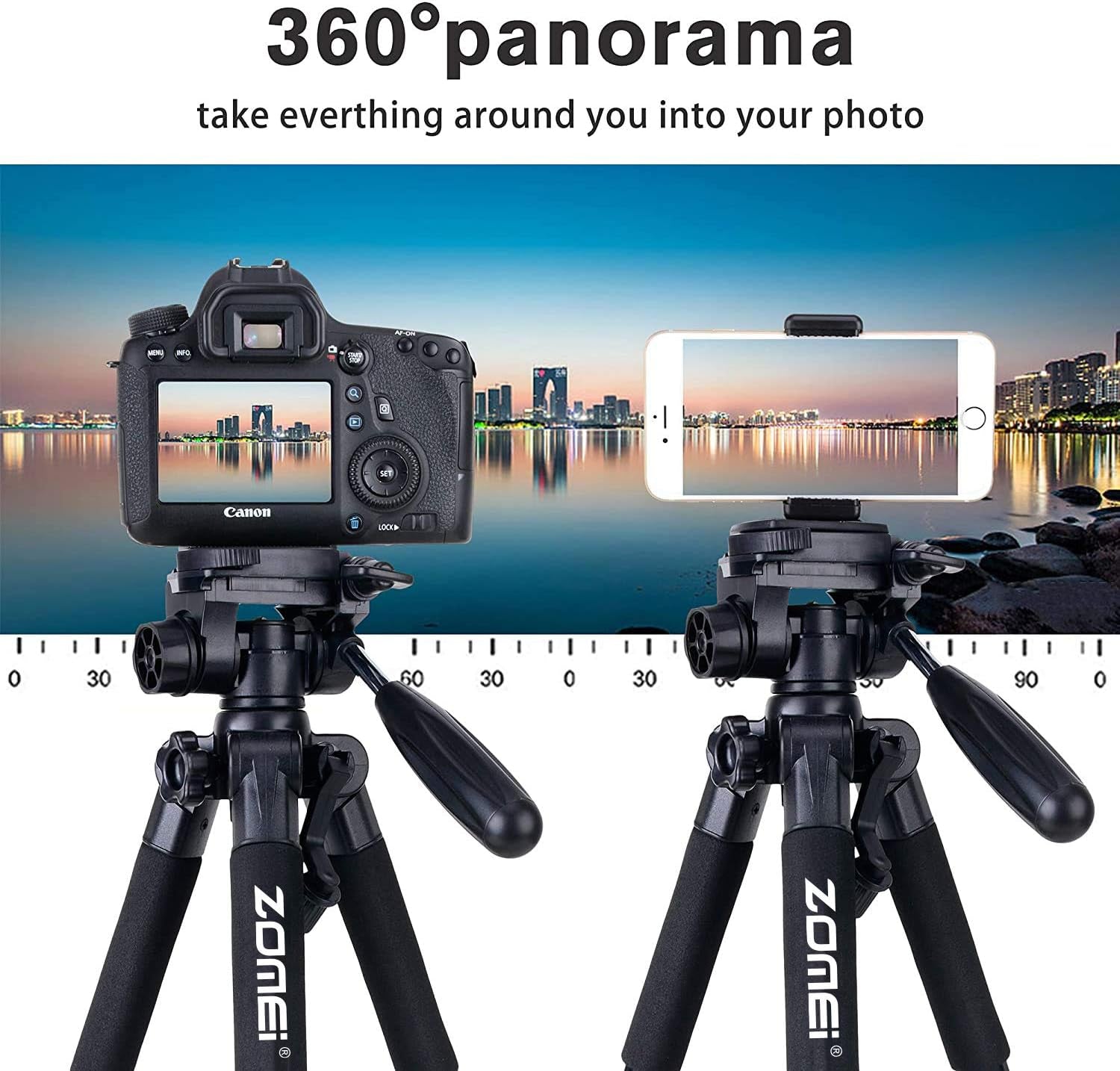 Camera Tripod 55-Inch Q111 with Phone Holder,Cell Phone Tripod Stand Protable Lightweight for Canon Nikon Sony DSLR Projector Webcam Spotting Scopes Gopro and Smartphones Live(Black)