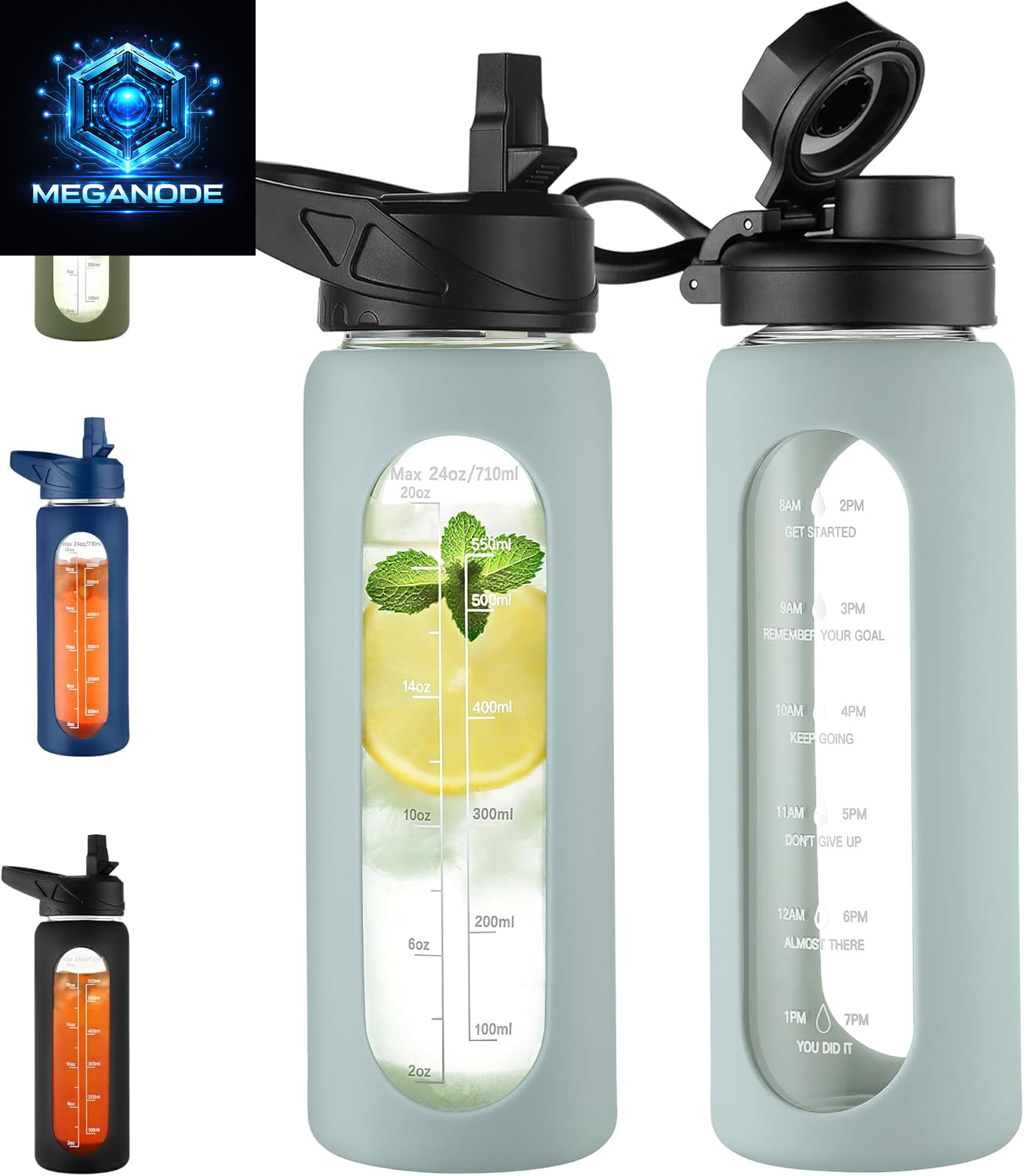 64 Oz Glass Motivational Water Bottle Jug with Straw and Handle