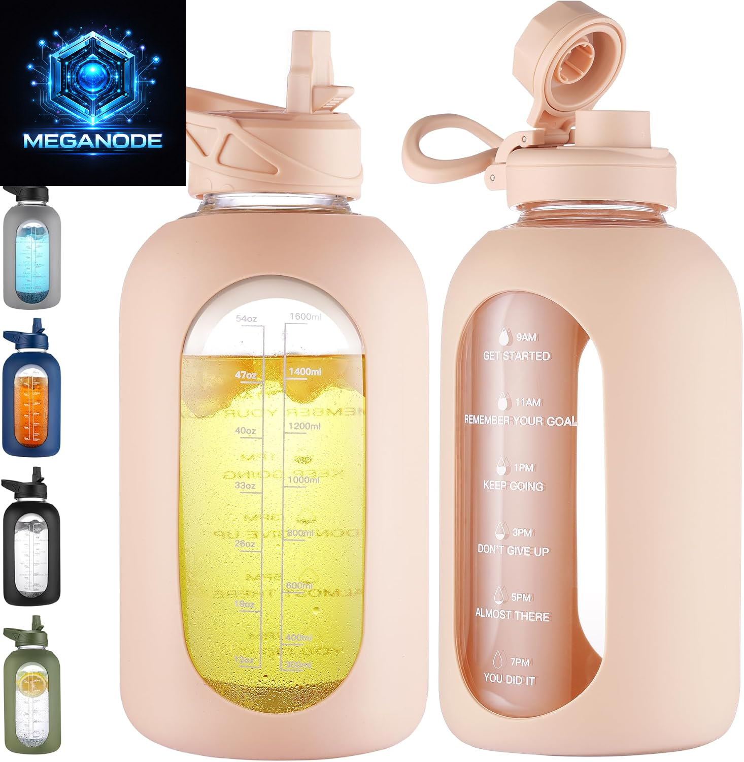 64 Oz Glass Motivational Water Bottle Jug with Straw and Handle