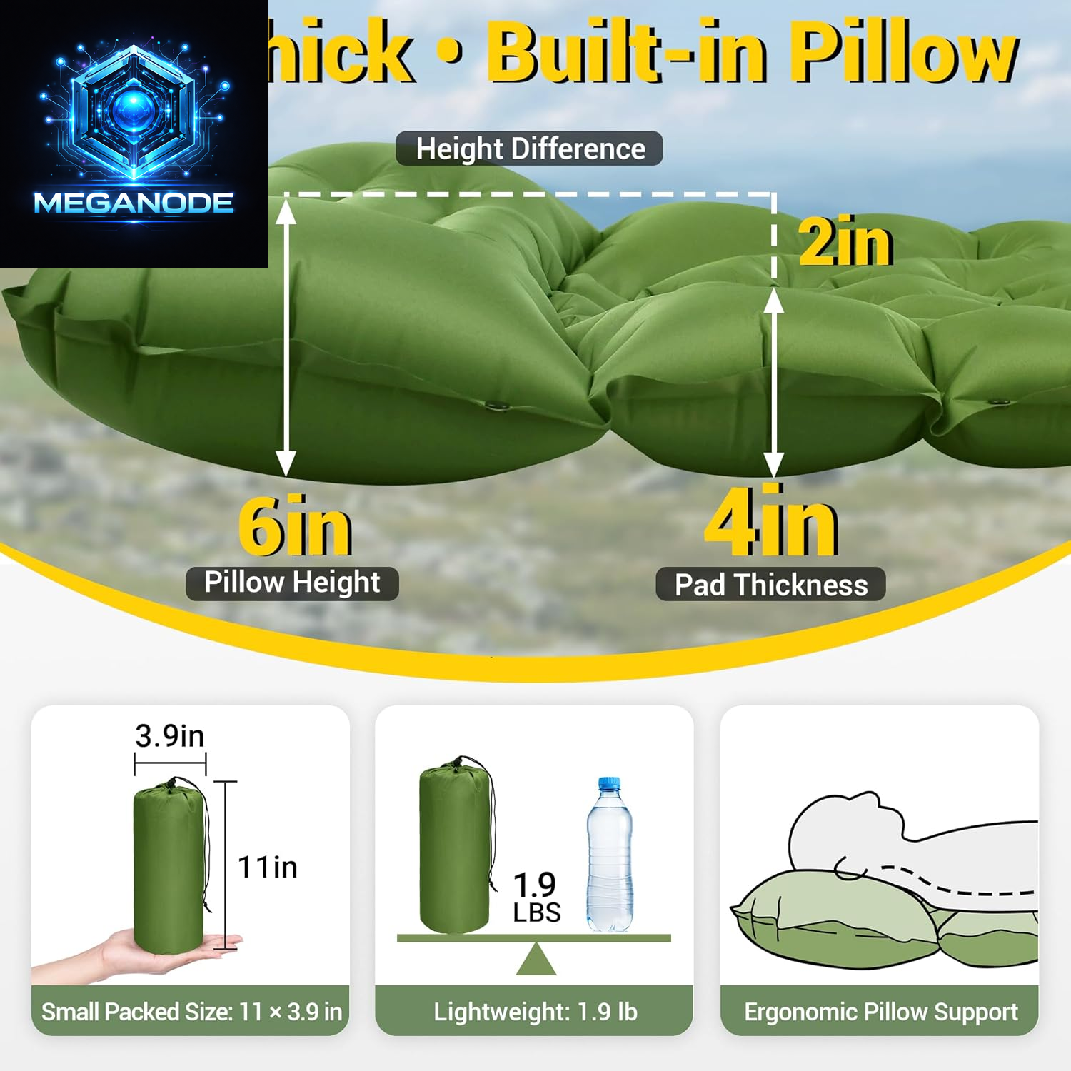 Compact 4-Inch Inflatable Sleeping Pad with Pillow & Foot Pump for Backpacking, Tents, and Road Trips