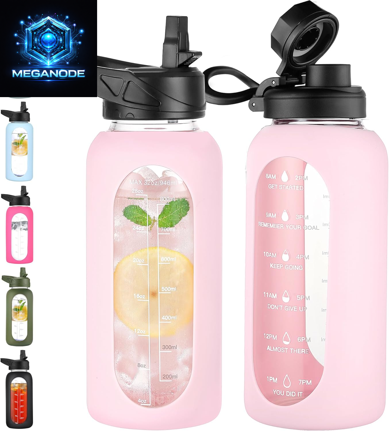 64 Oz Glass Motivational Water Bottle Jug with Straw and Handle