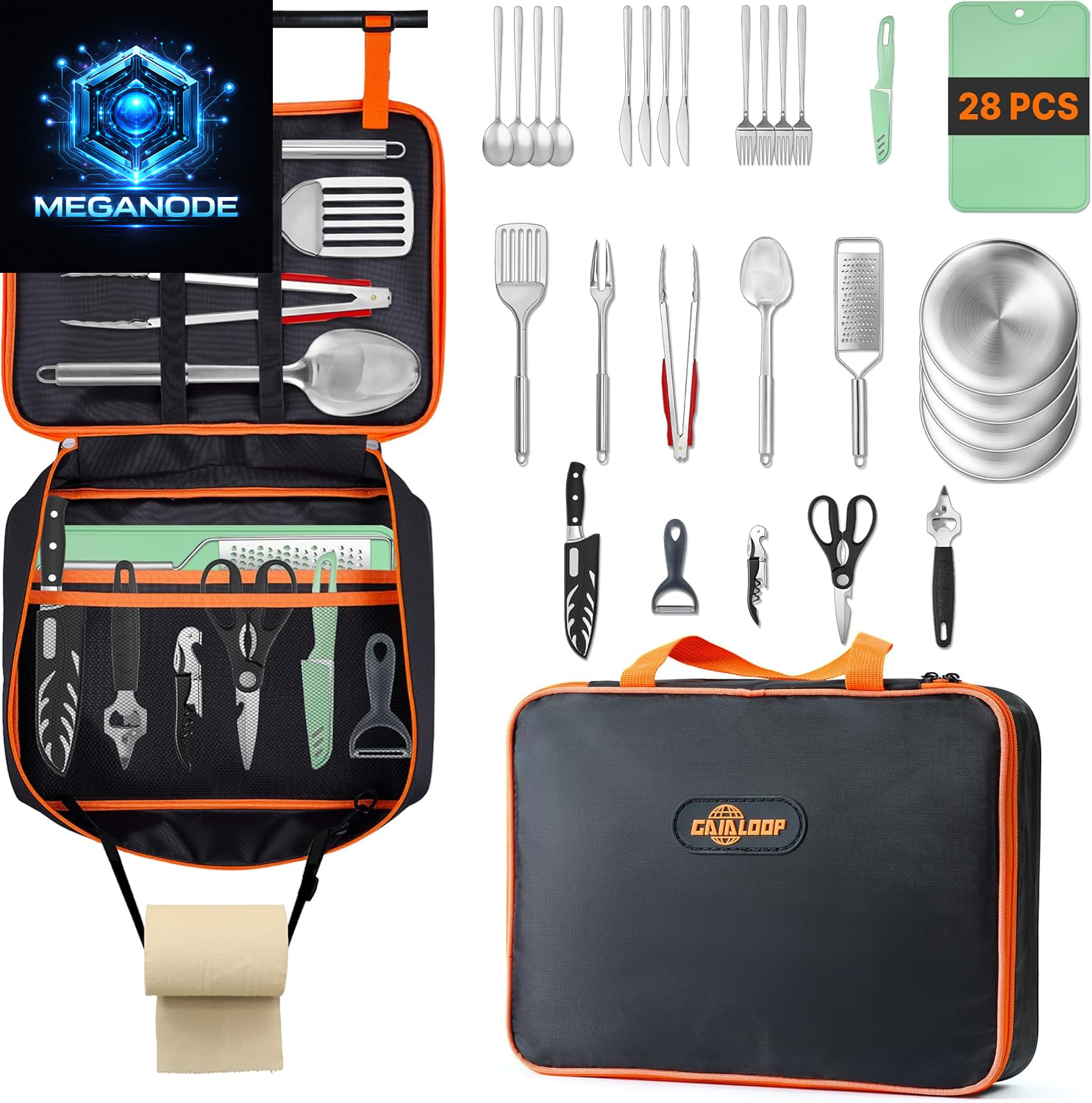 Portable Camping Cooking Utensils Set, Camp Kitchen Set with Organizer Bag, RV Essentials Outdoor Cooking Utensil Kit for Travel, Picnics, Camping, Bbqs, Parties