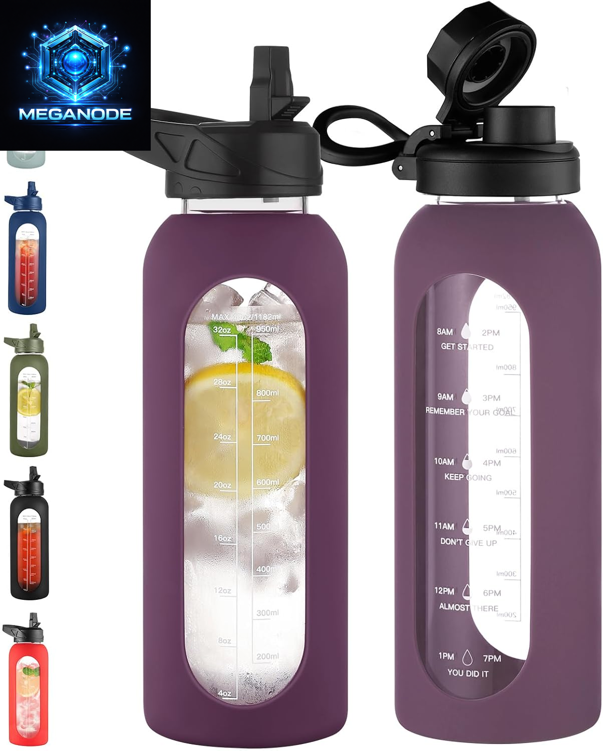 64 Oz Glass Motivational Water Bottle Jug with Straw and Handle