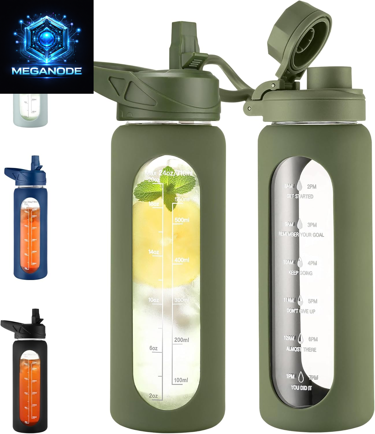 64 Oz Glass Motivational Water Bottle Jug with Straw and Handle