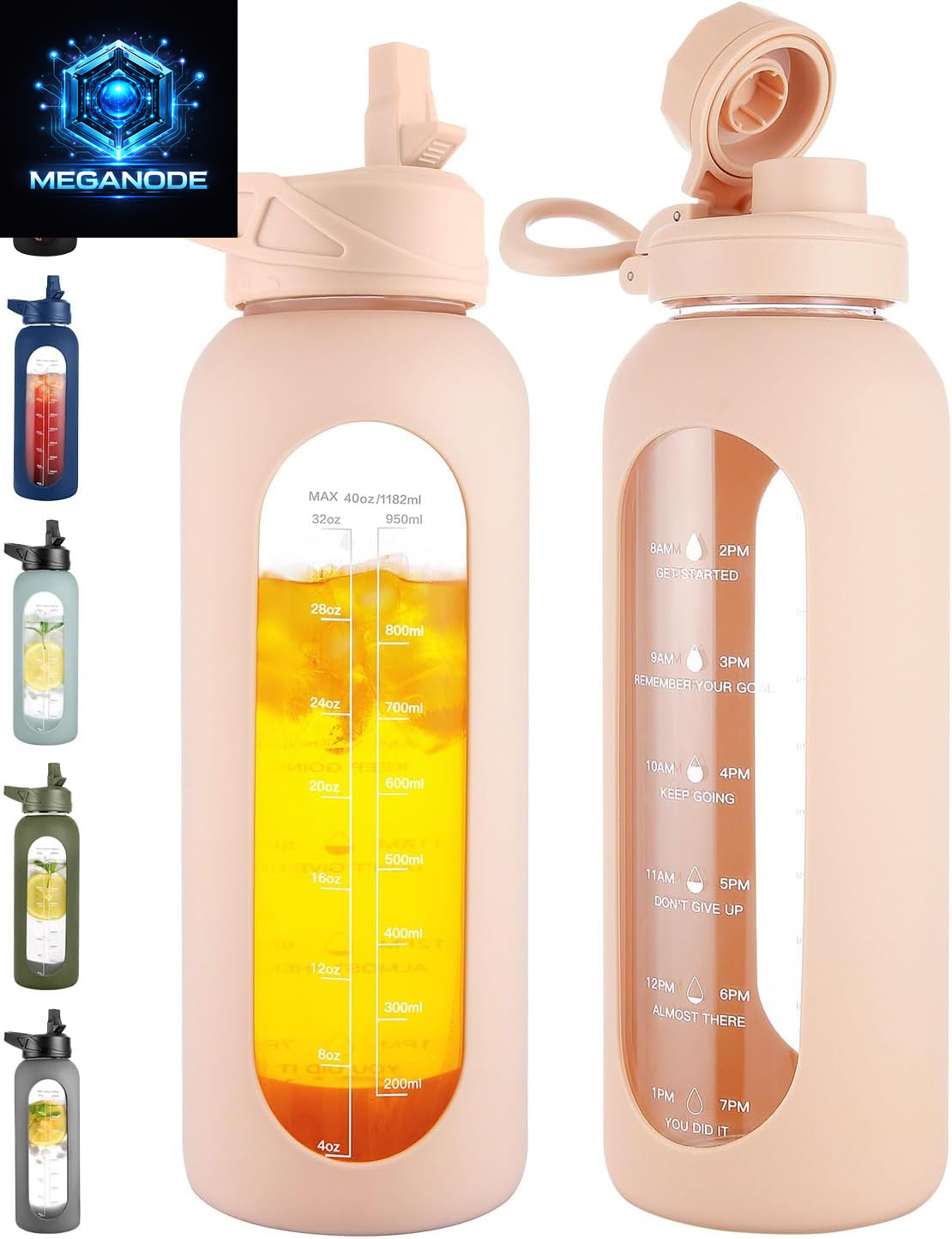 64 Oz Glass Motivational Water Bottle Jug with Straw and Handle
