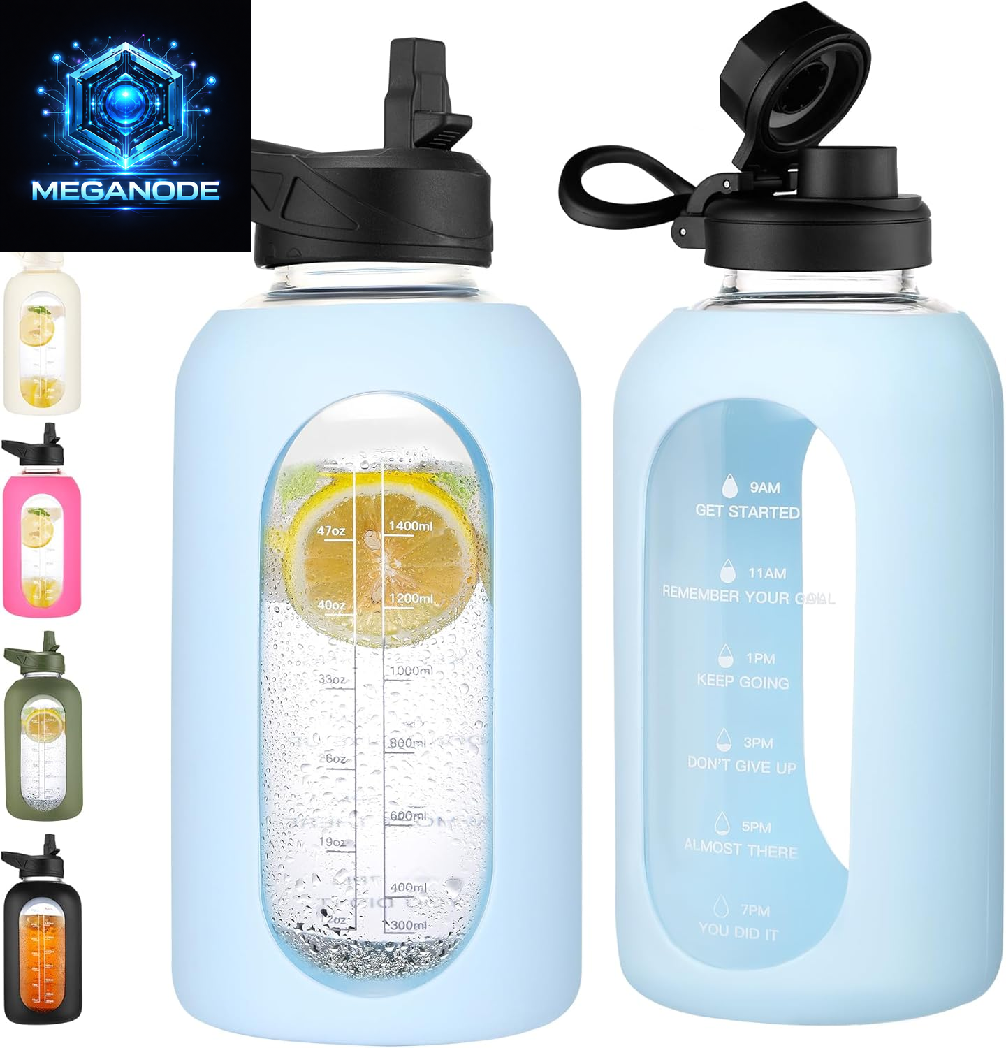 64 Oz Glass Motivational Water Bottle Jug with Straw and Handle