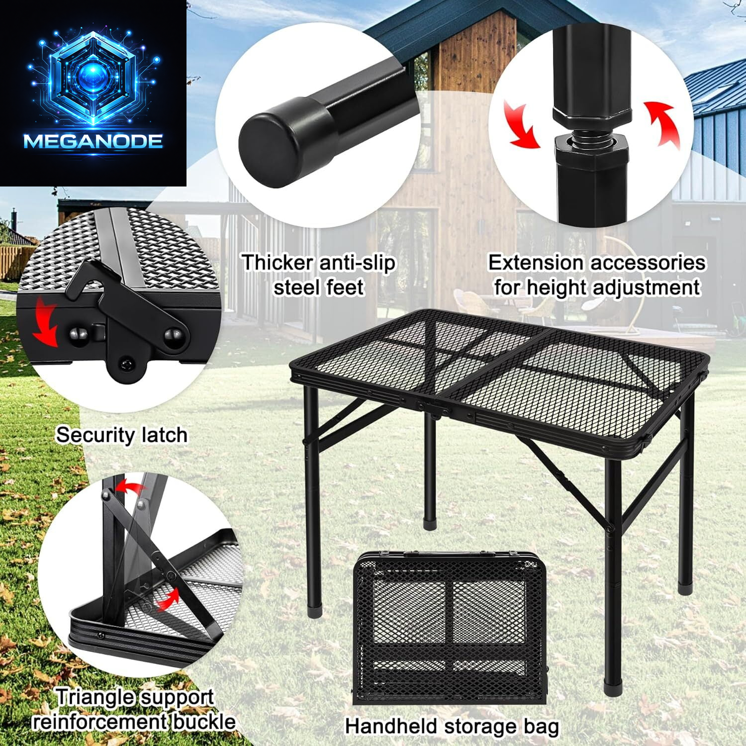 Lightweight Folding Grill Table with Mesh Desktop, Camping Table Folding Portable Camp Aluminum ,Picnic, Backyard, BBQ, Patio, Black