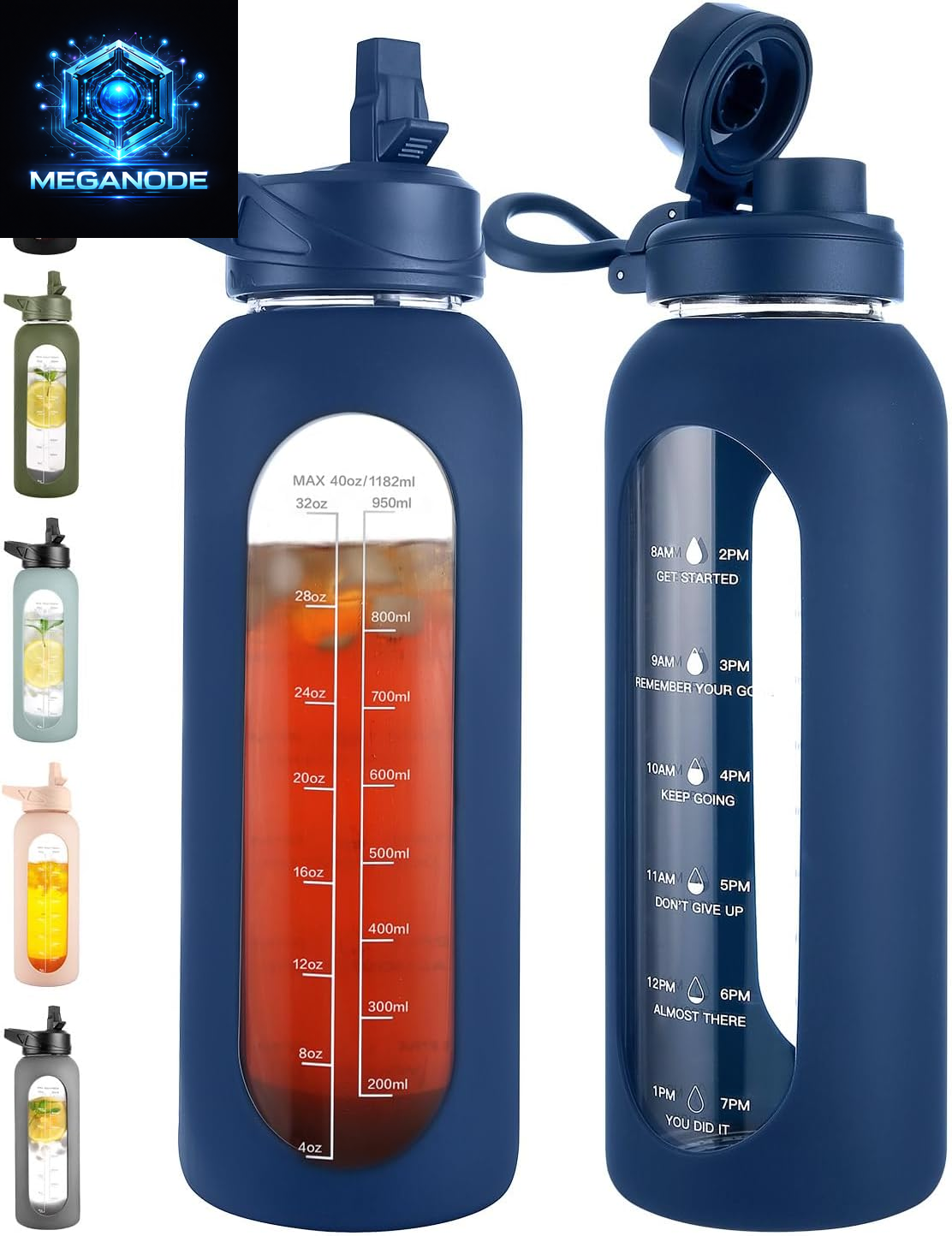 64 Oz Glass Motivational Water Bottle Jug with Straw and Handle