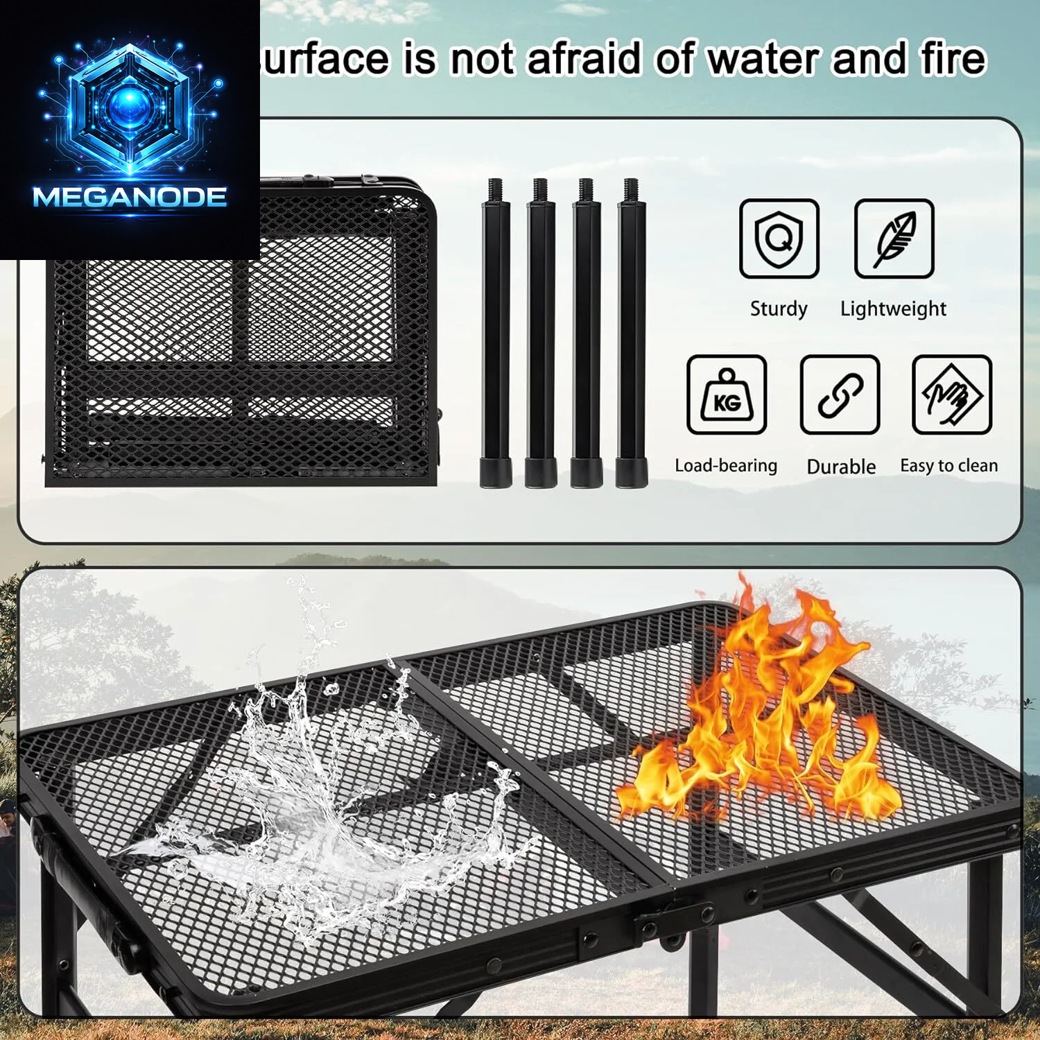 Lightweight Folding Grill Table with Mesh Desktop, Camping Table Folding Portable Camp Aluminum ,Picnic, Backyard, BBQ, Patio, Black