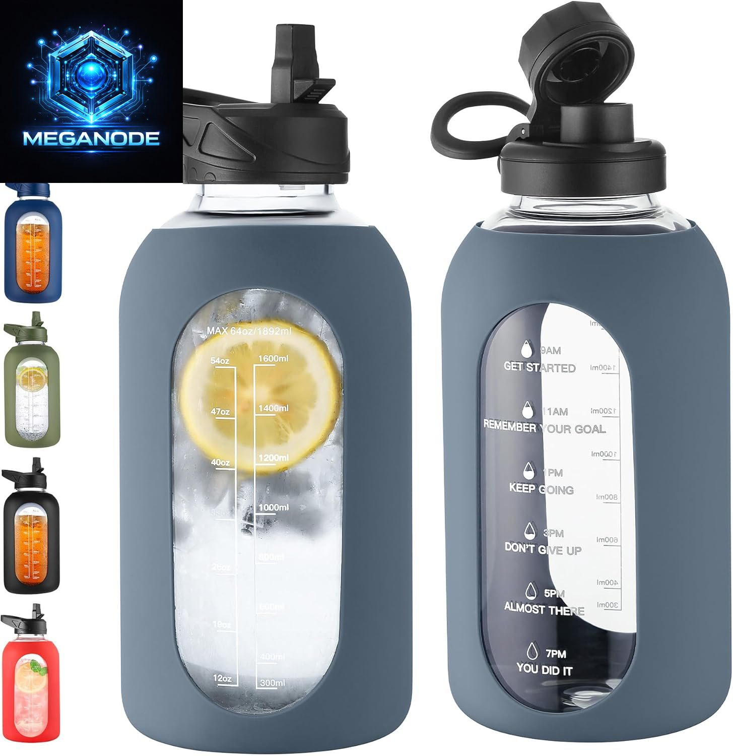 64 Oz Glass Motivational Water Bottle Jug with Straw and Handle