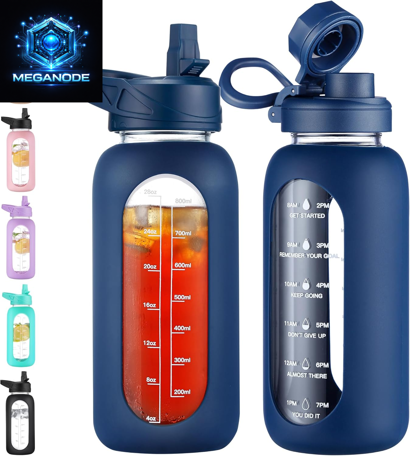 64 Oz Glass Motivational Water Bottle Jug with Straw and Handle