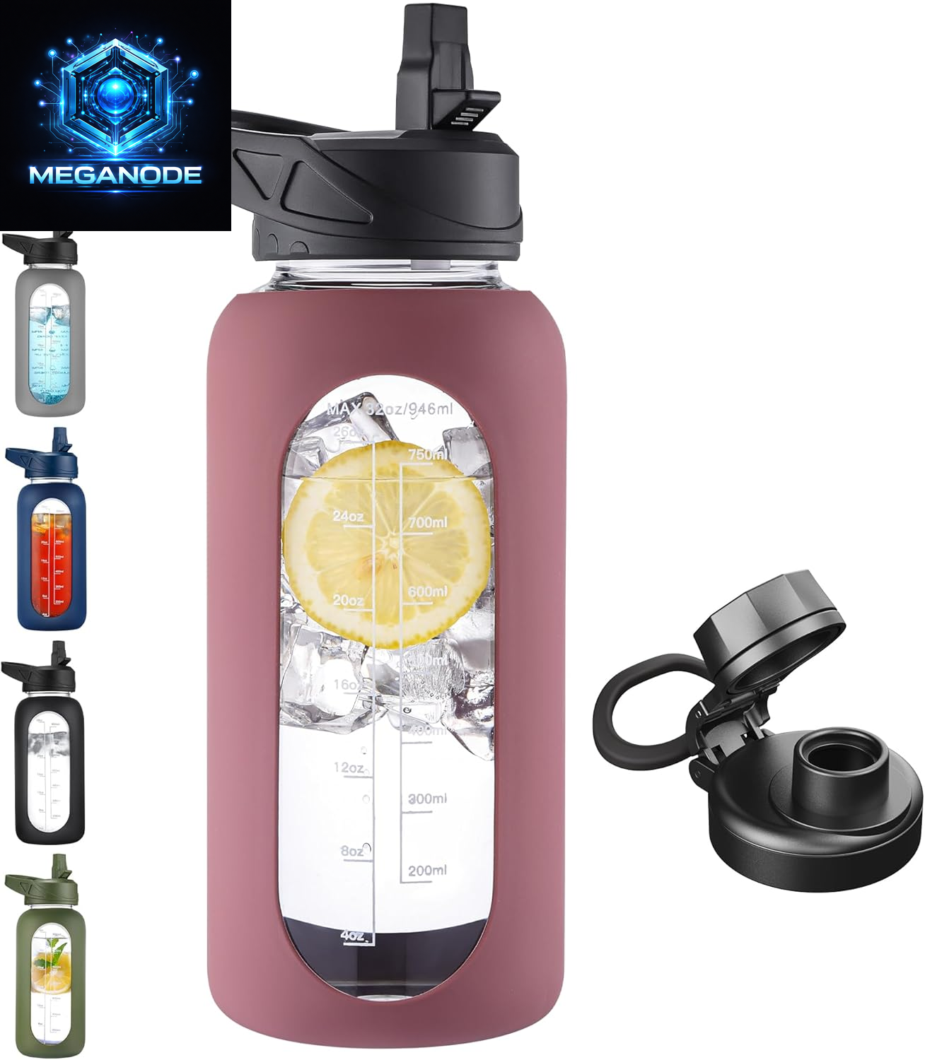 64 Oz Glass Motivational Water Bottle Jug with Straw and Handle