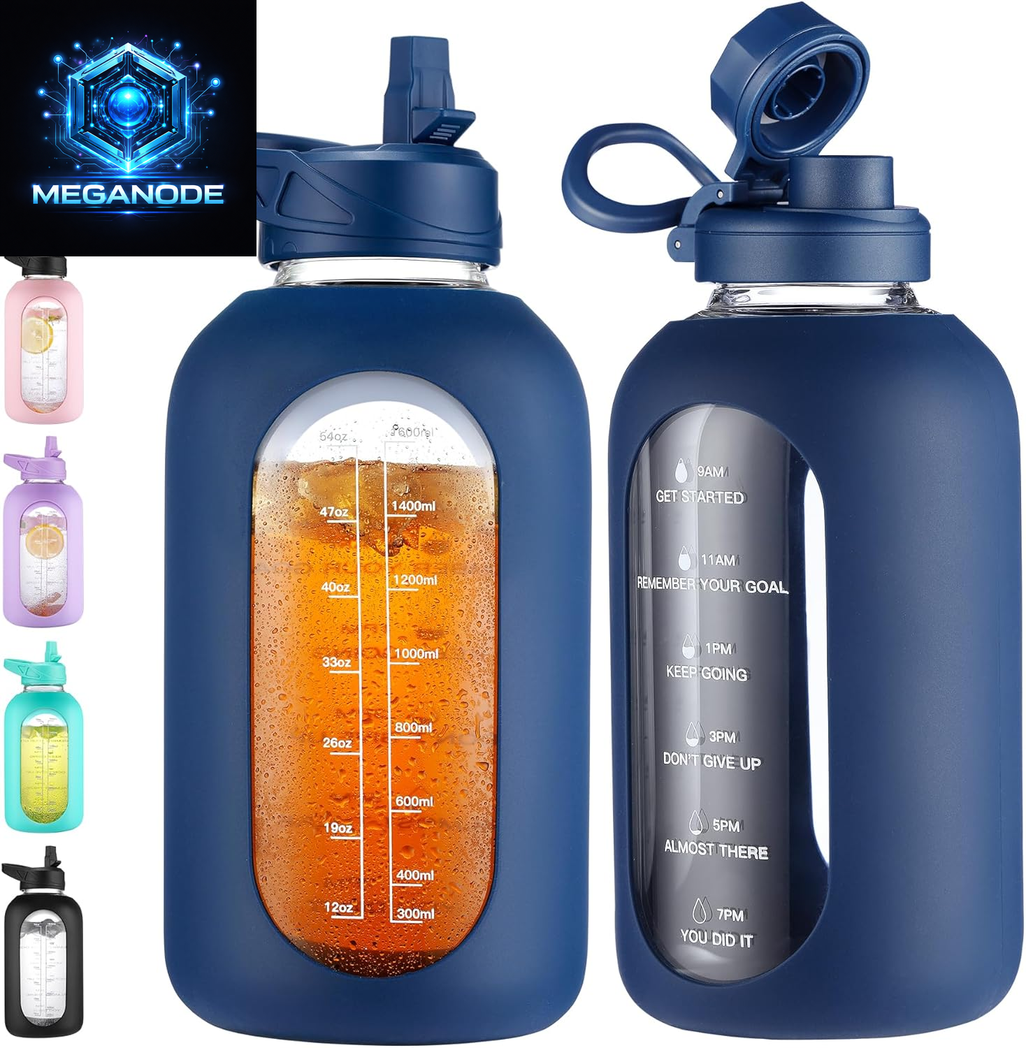 64 Oz Glass Motivational Water Bottle Jug with Straw and Handle
