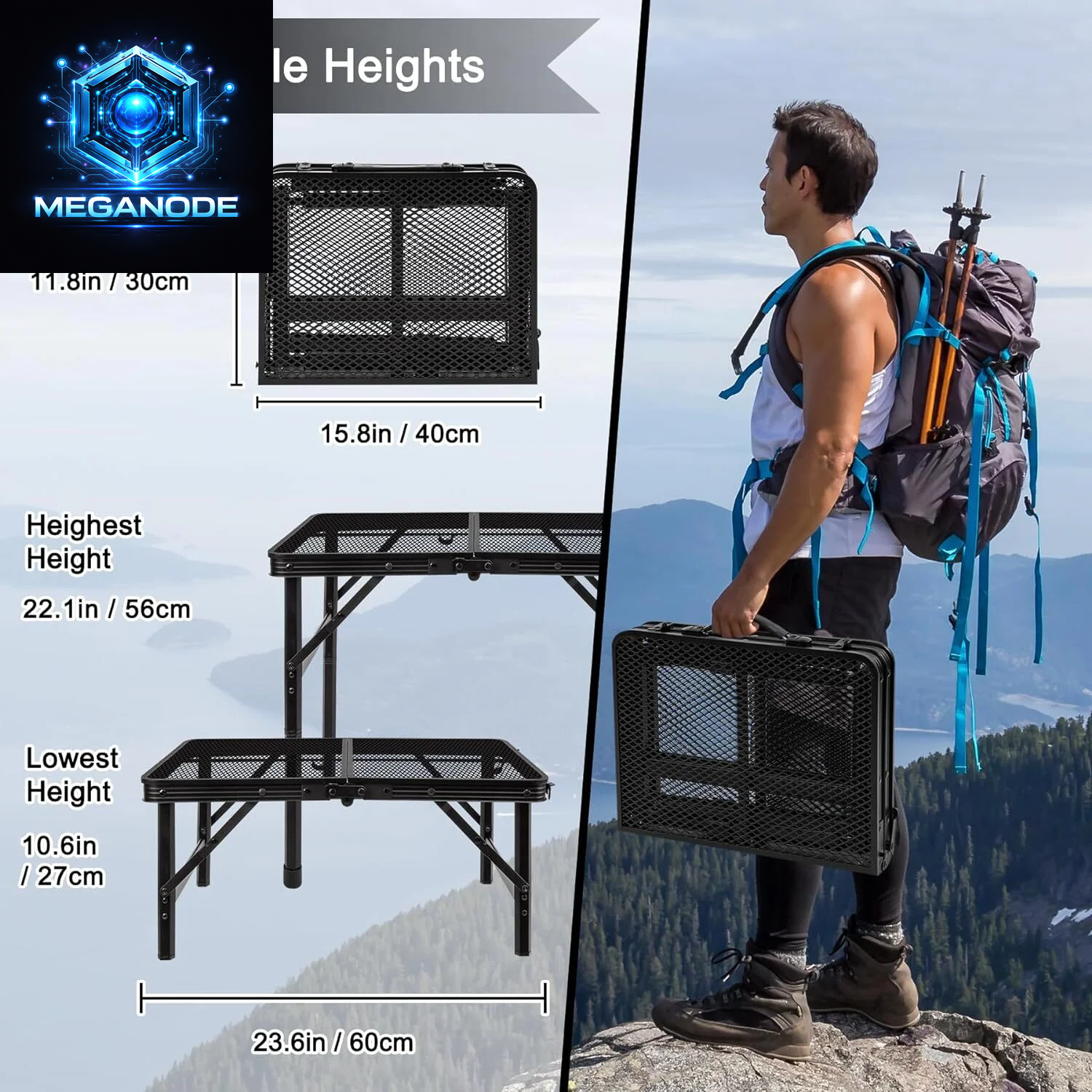 Lightweight Folding Grill Table with Mesh Desktop, Camping Table Folding Portable Camp Aluminum ,Picnic, Backyard, BBQ, Patio, Black