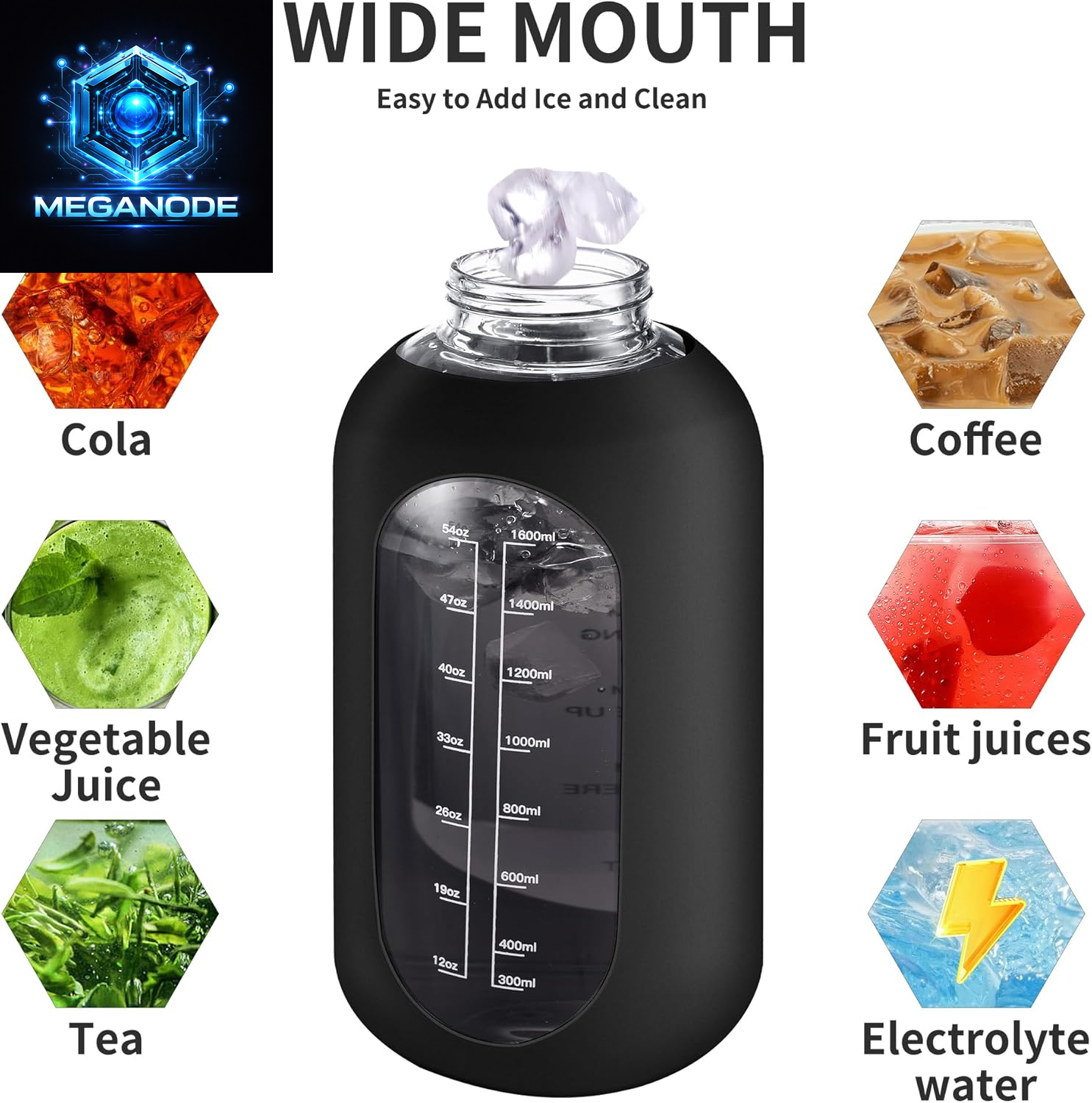 64 Oz Glass Motivational Water Bottle Jug with Straw and Handle