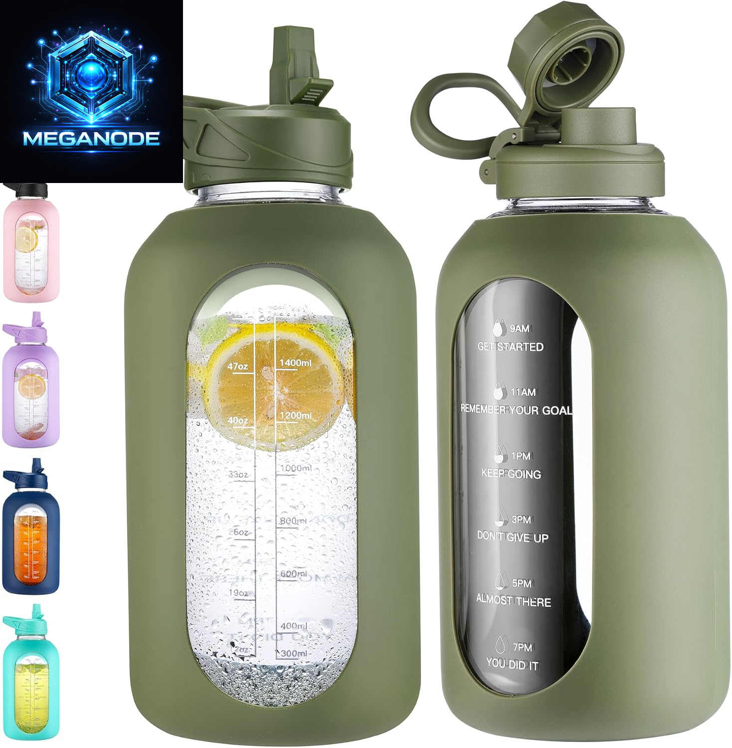 64 Oz Glass Motivational Water Bottle Jug with Straw and Handle