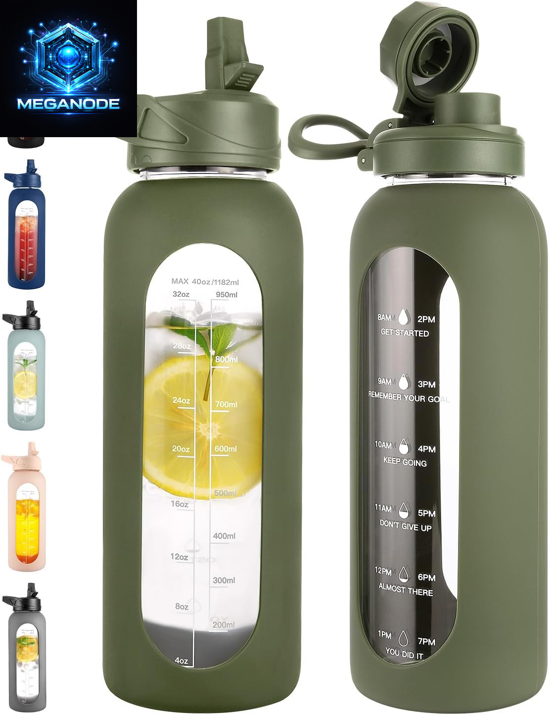 64 Oz Glass Motivational Water Bottle Jug with Straw and Handle