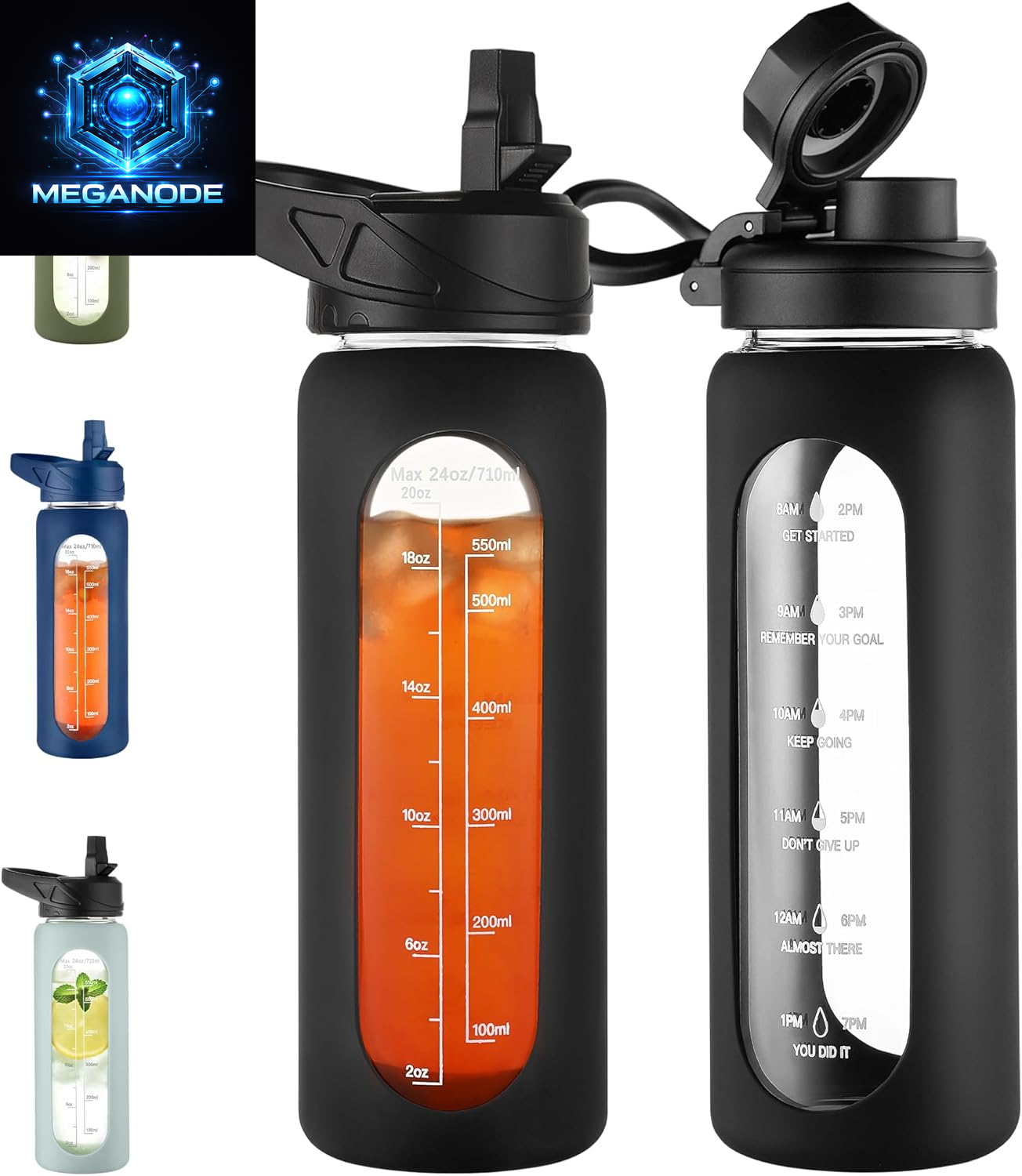 64 Oz Glass Motivational Water Bottle Jug with Straw and Handle