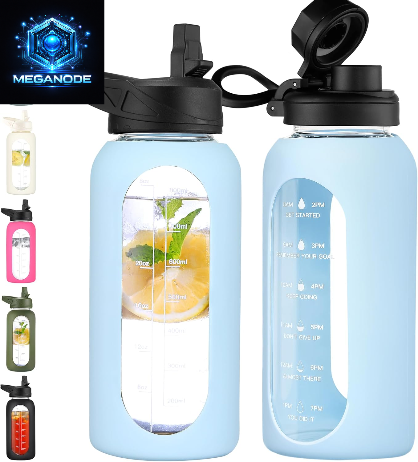 64 Oz Glass Motivational Water Bottle Jug with Straw and Handle