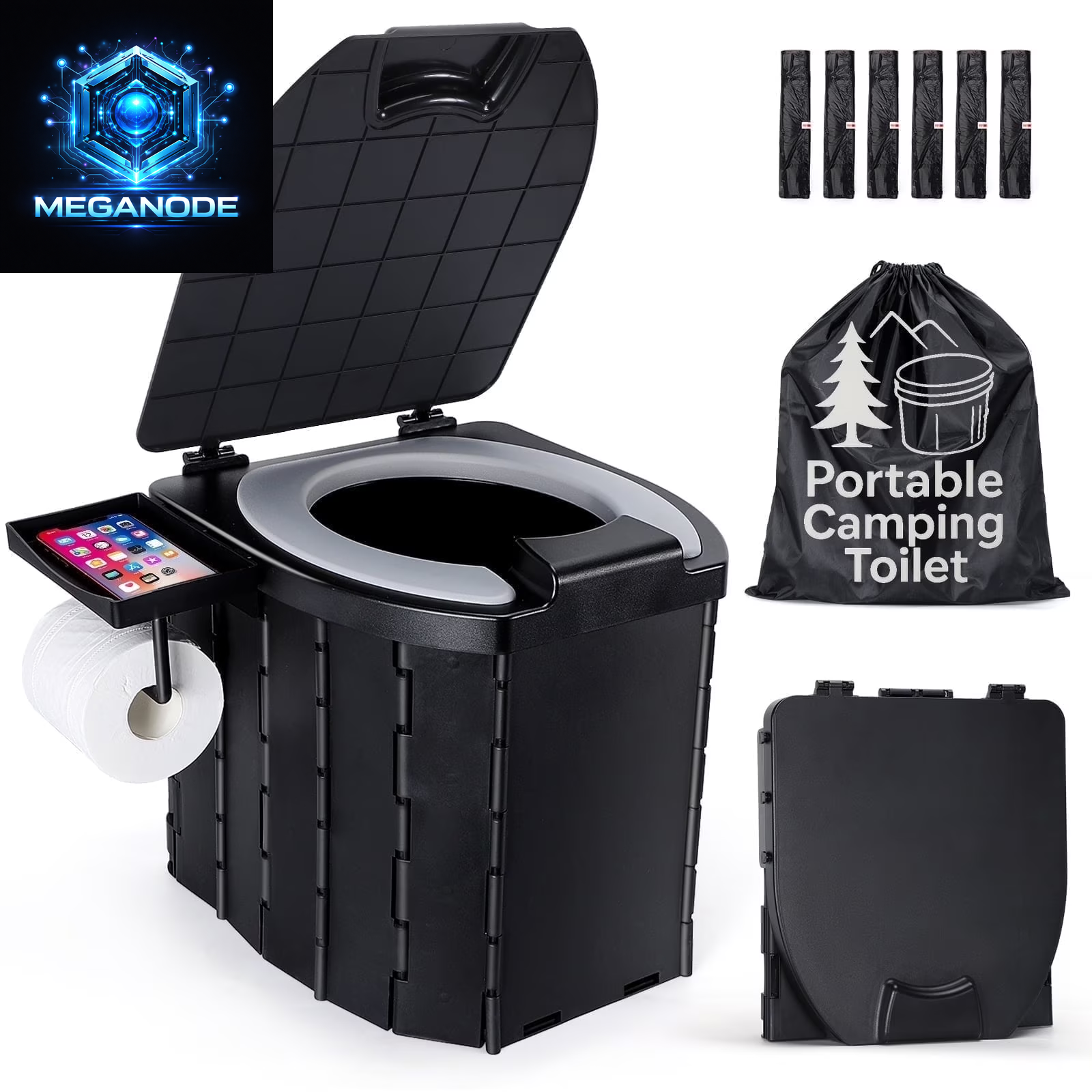 Portable Camping Toilet, Folding Outdoor Toilet with PU Cushion, Waterproof Bag & 30 Trash Bags, Perfect for Camping, Hiking, Rvs, Trucks & Beach,Black