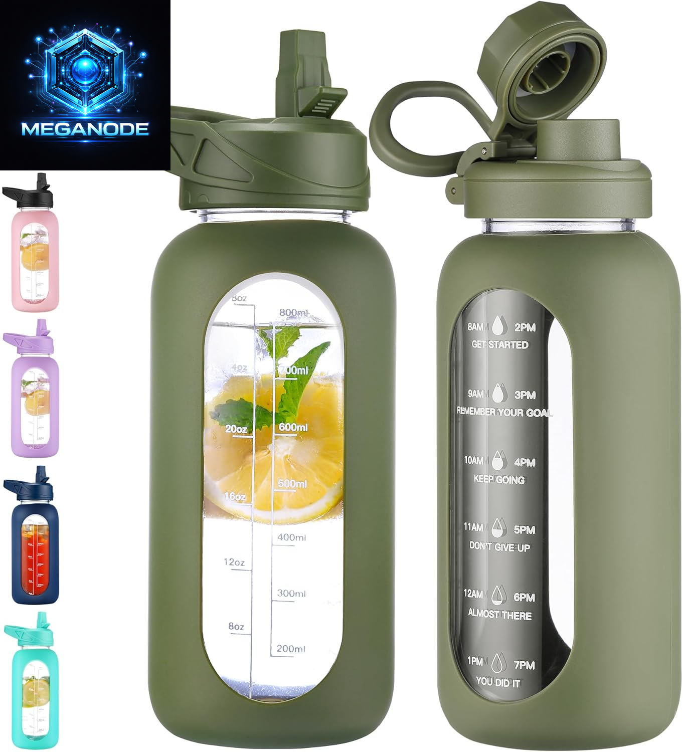 64 Oz Glass Motivational Water Bottle Jug with Straw and Handle