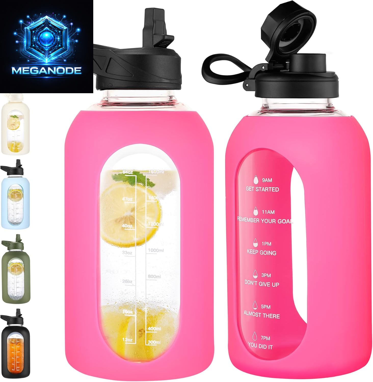 64 Oz Glass Motivational Water Bottle Jug with Straw and Handle