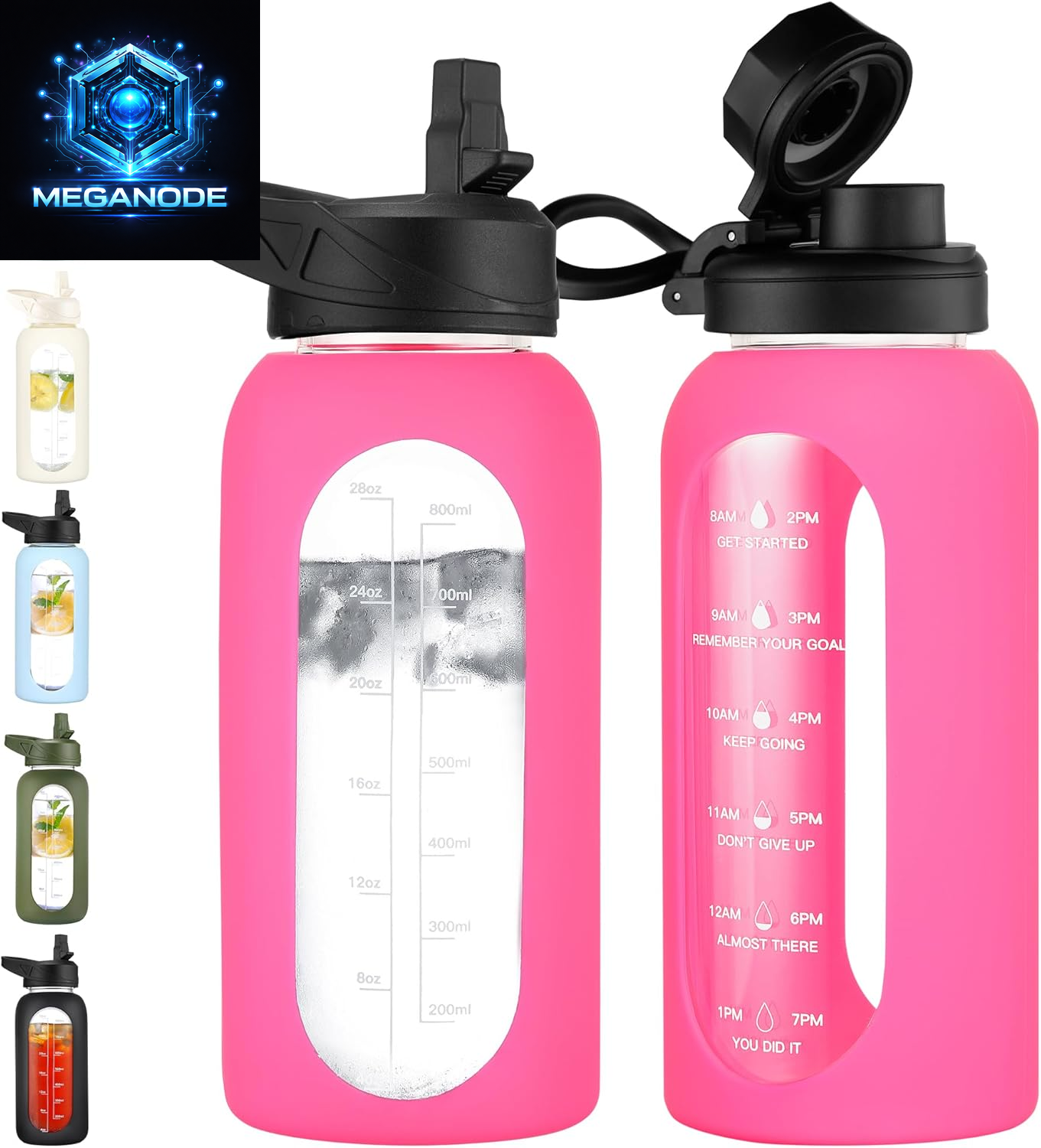 64 Oz Glass Motivational Water Bottle Jug with Straw and Handle