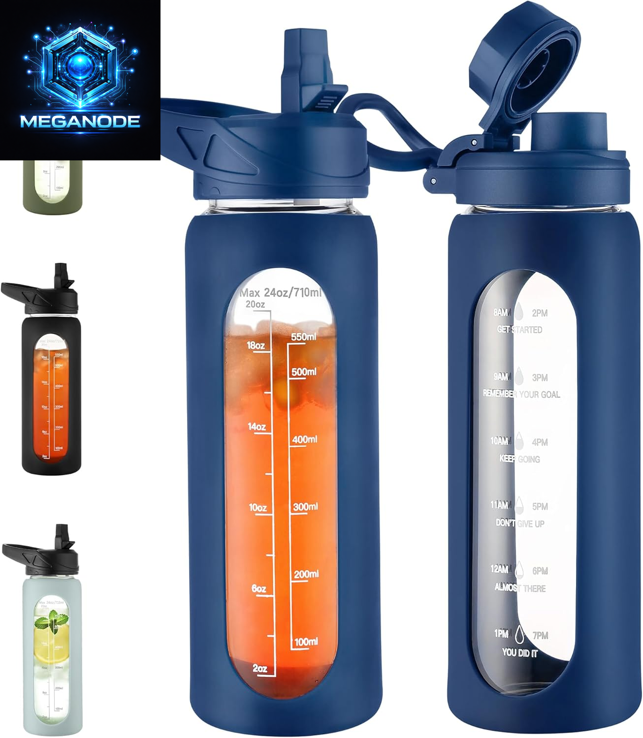 64 Oz Glass Motivational Water Bottle Jug with Straw and Handle