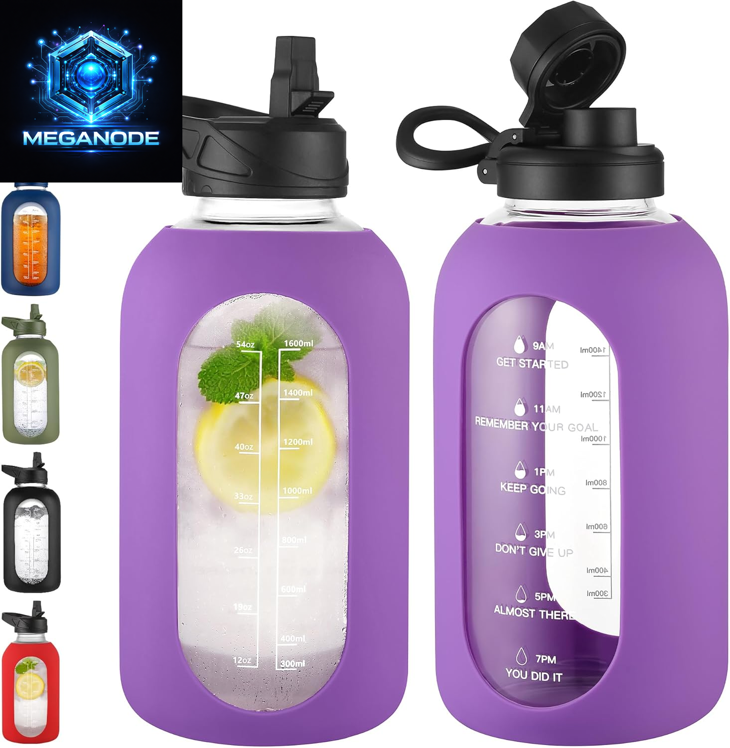 64 Oz Glass Motivational Water Bottle Jug with Straw and Handle