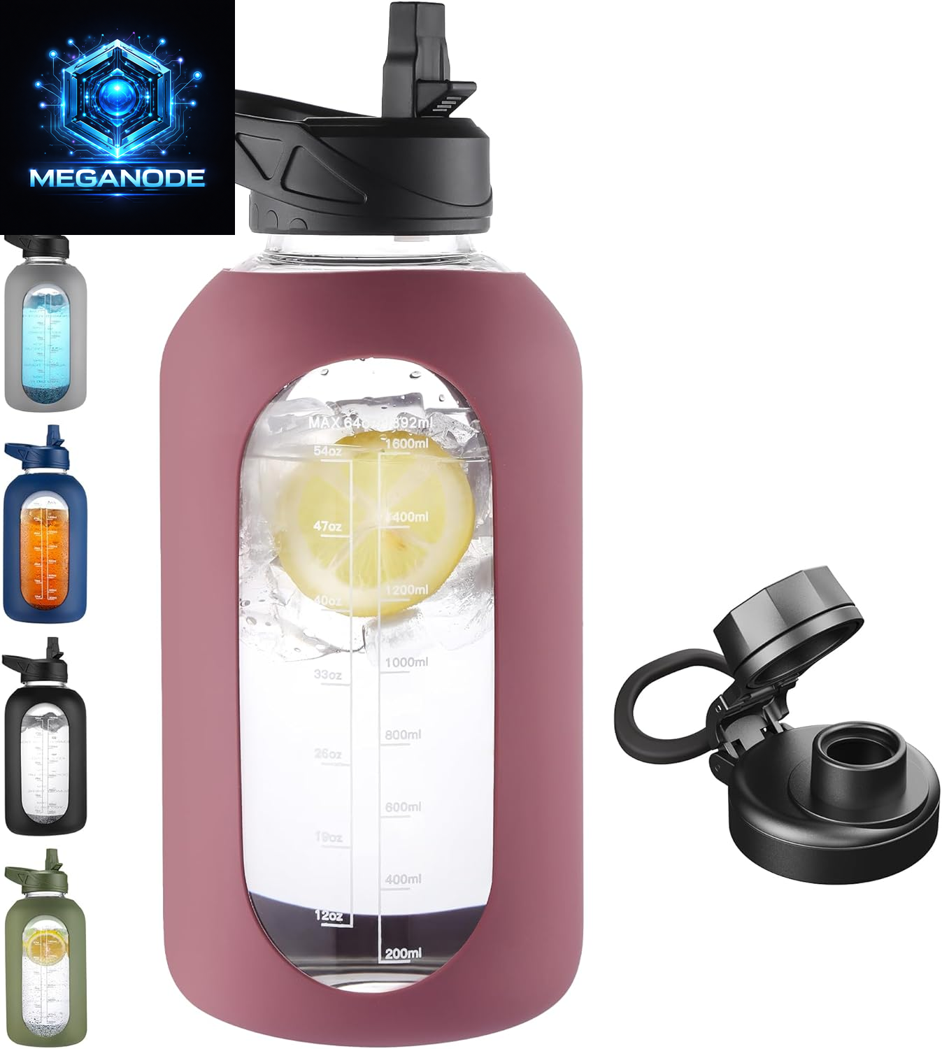 64 Oz Glass Motivational Water Bottle Jug with Straw and Handle