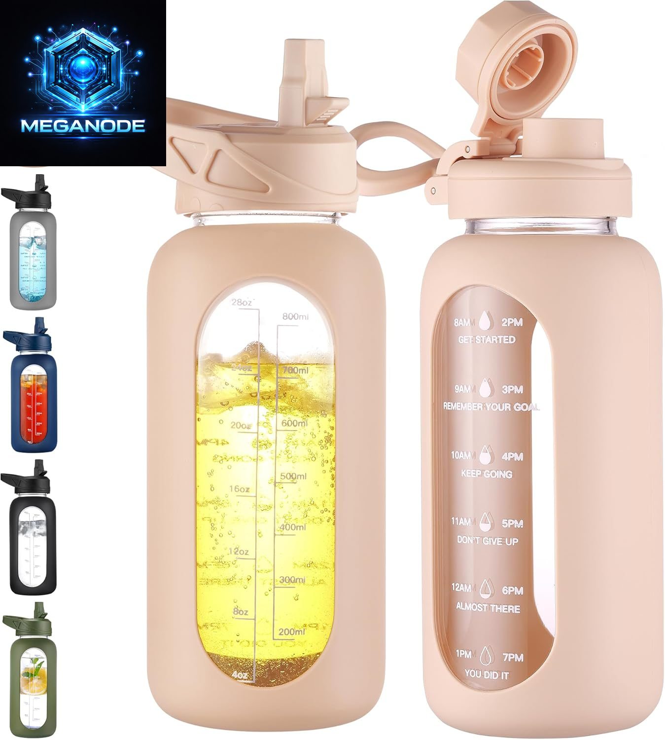 64 Oz Glass Motivational Water Bottle Jug with Straw and Handle