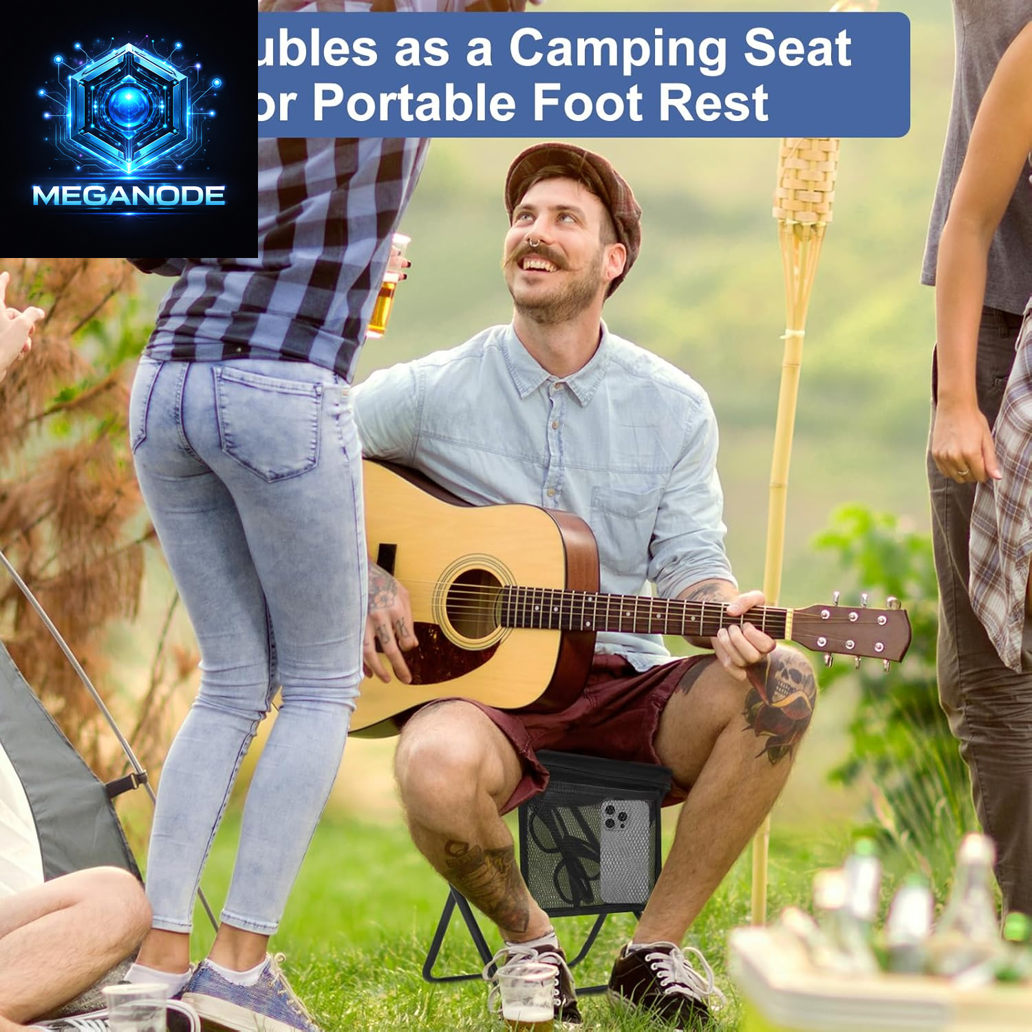 Portable Folding Camp Stool with Side Pocket, Lightweight Foldable Camping Stool for Adults, Backpacking Travel Fishing Stool Mini Chair, Compact Folding Seat with Storage Bag