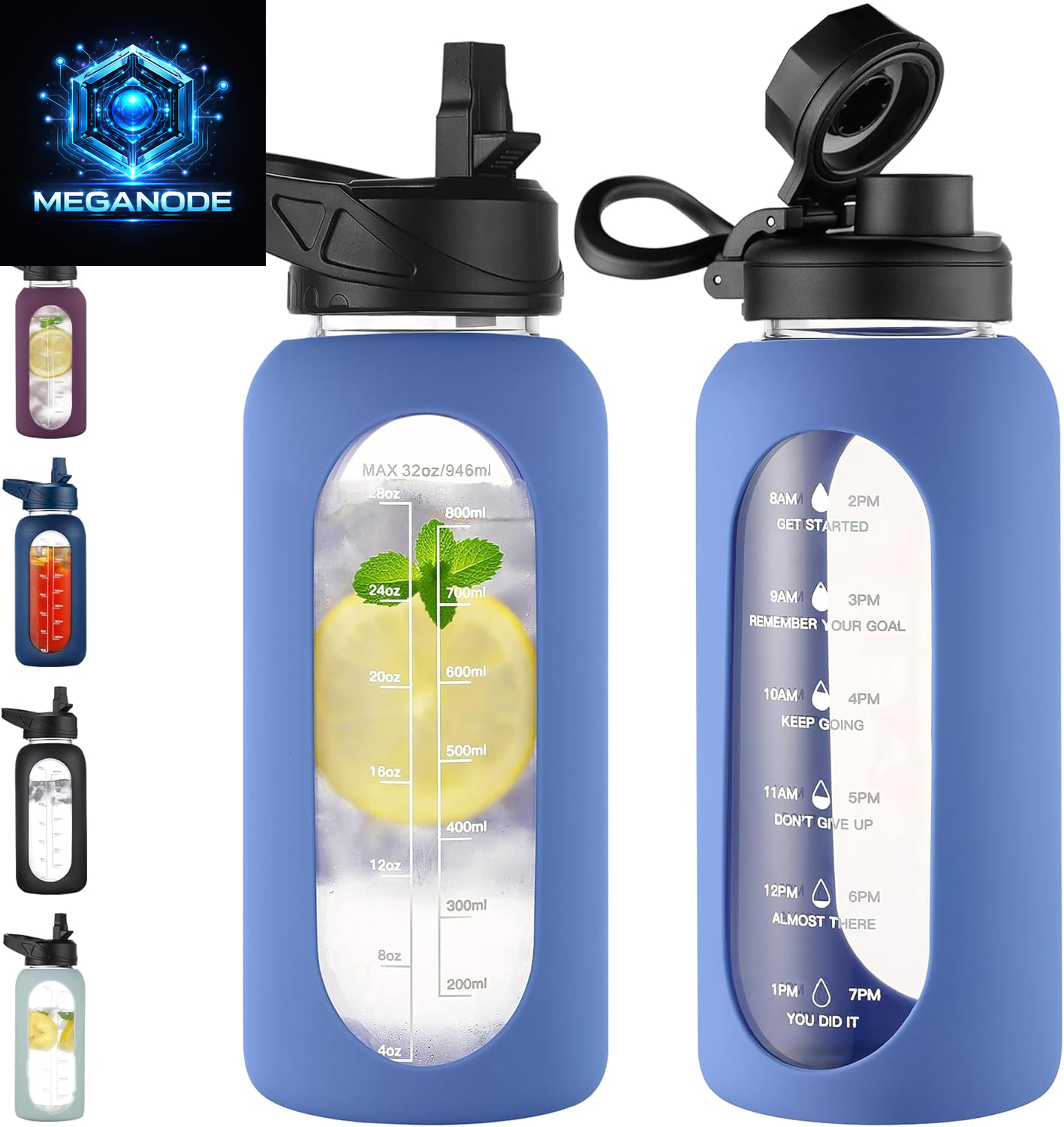 64 Oz Glass Motivational Water Bottle Jug with Straw and Handle