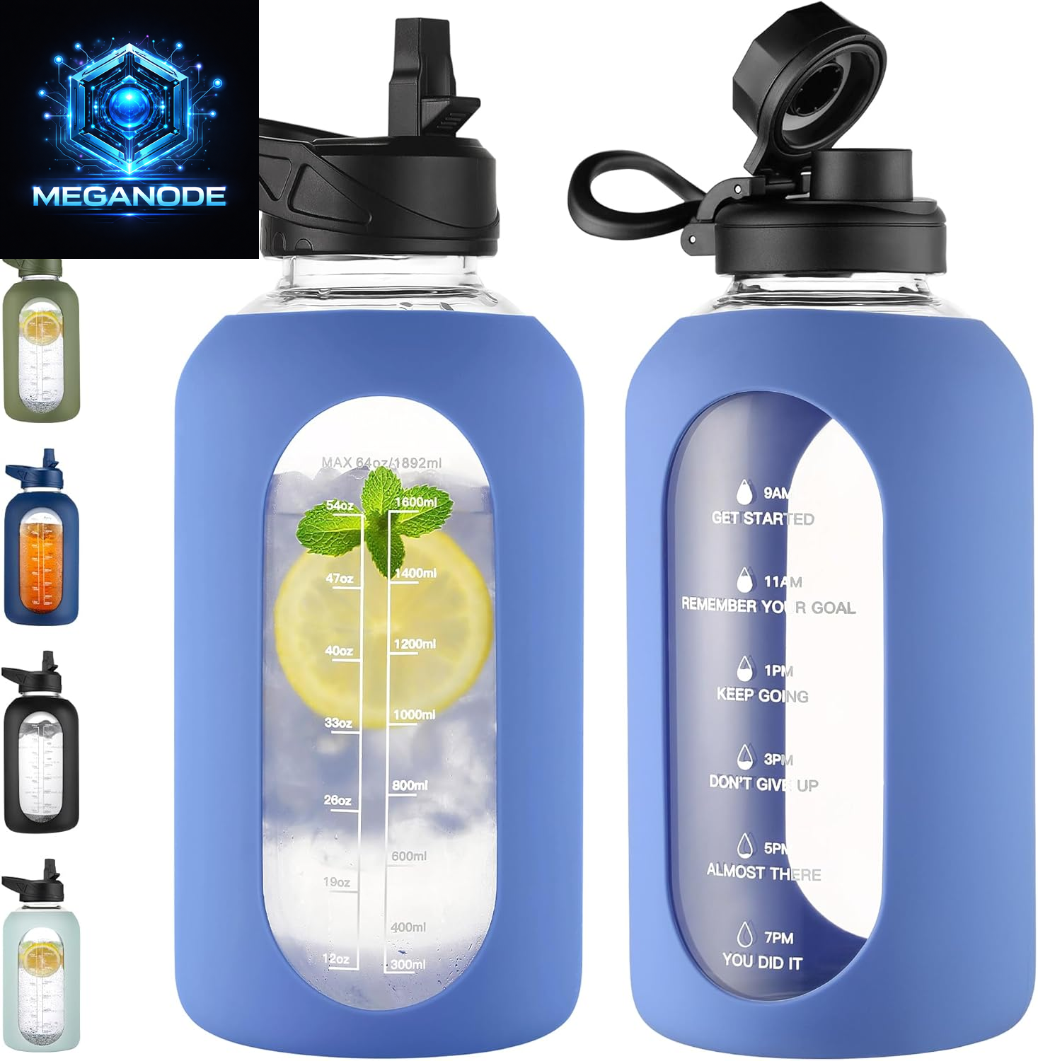 64 Oz Glass Motivational Water Bottle Jug with Straw and Handle