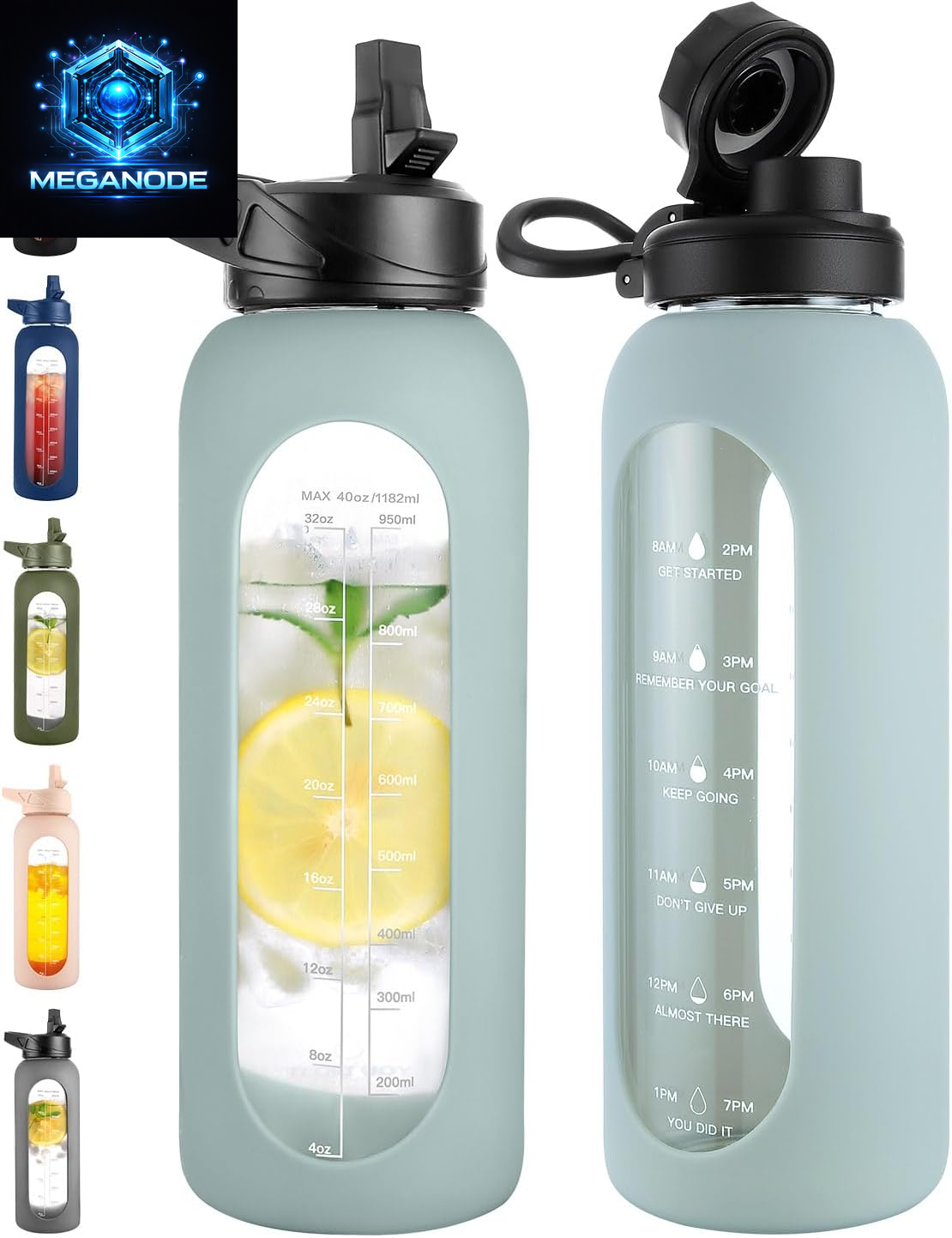 64 Oz Glass Motivational Water Bottle Jug with Straw and Handle