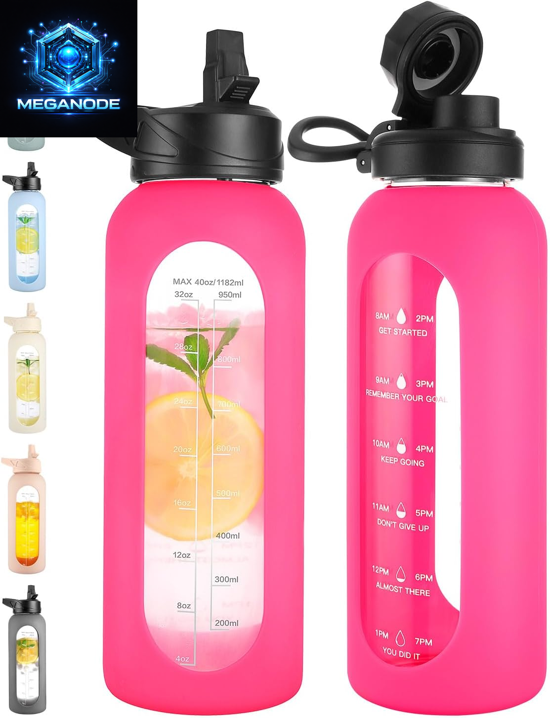 64 Oz Glass Motivational Water Bottle Jug with Straw and Handle