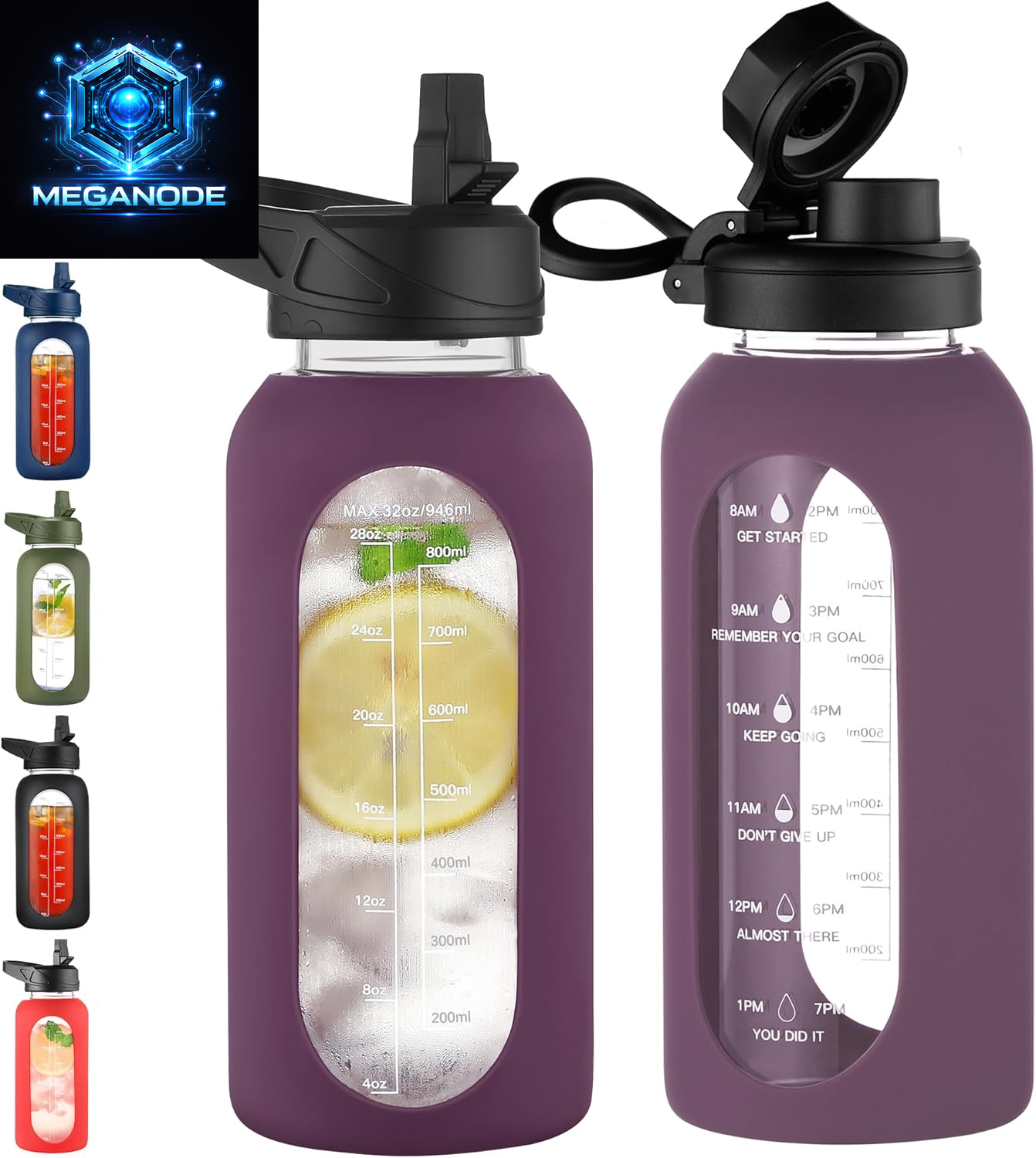 64 Oz Glass Motivational Water Bottle Jug with Straw and Handle