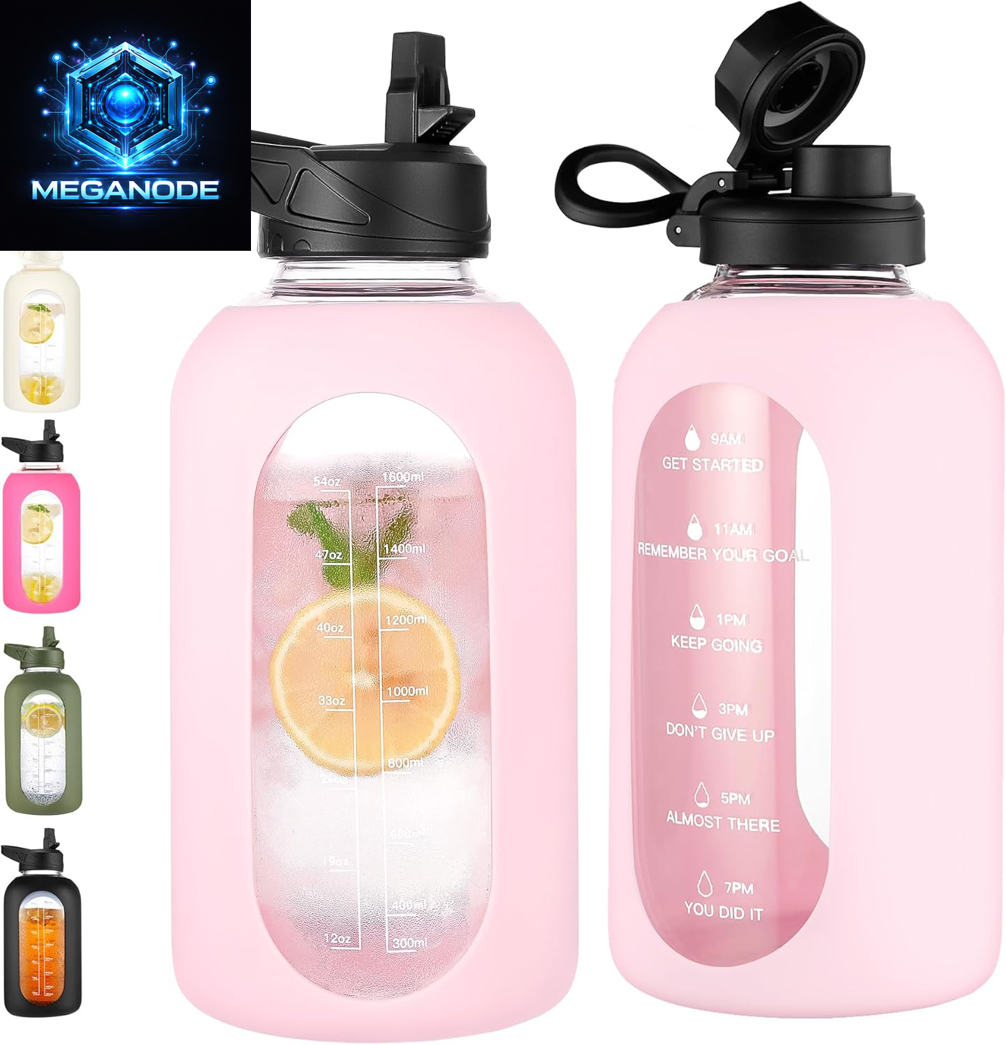 64 Oz Glass Motivational Water Bottle Jug with Straw and Handle