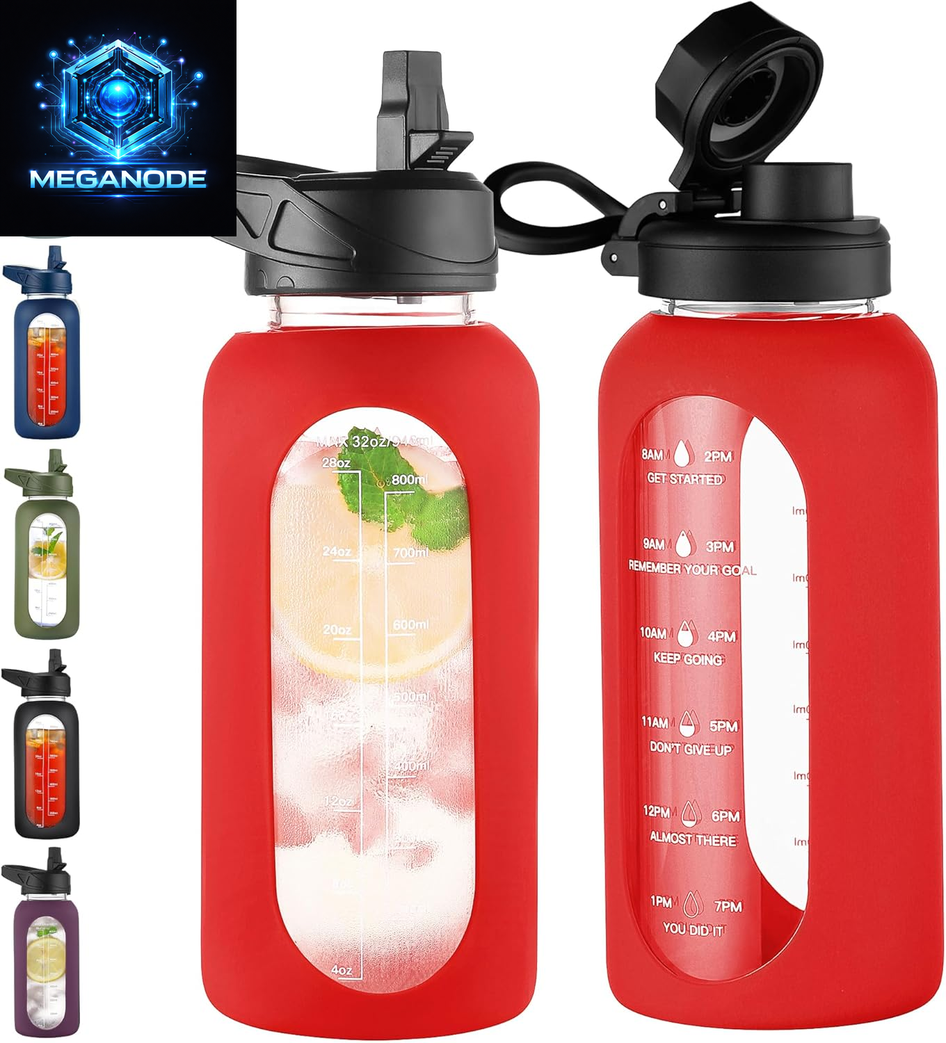 64 Oz Glass Motivational Water Bottle Jug with Straw and Handle