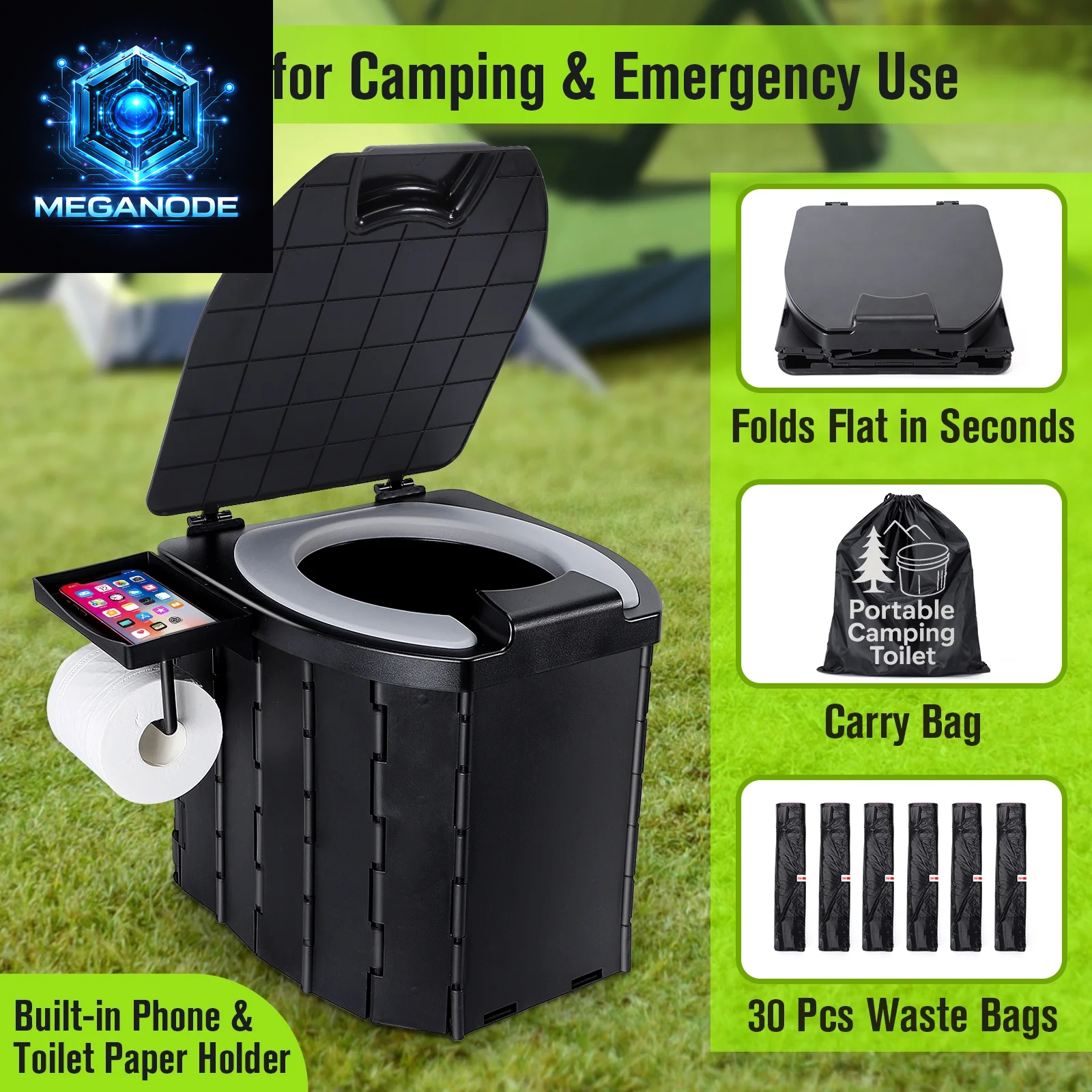 Portable Camping Toilet, Folding Outdoor Toilet with PU Cushion, Waterproof Bag & 30 Trash Bags, Perfect for Camping, Hiking, Rvs, Trucks & Beach,Black