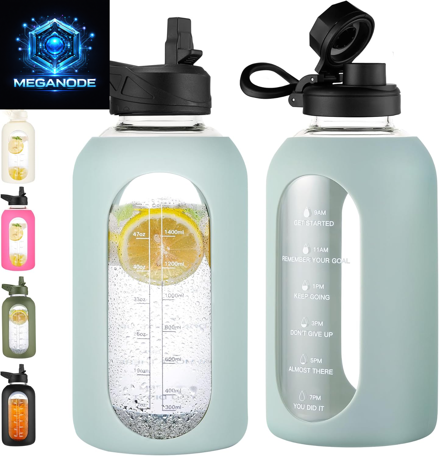 64 Oz Glass Motivational Water Bottle Jug with Straw and Handle