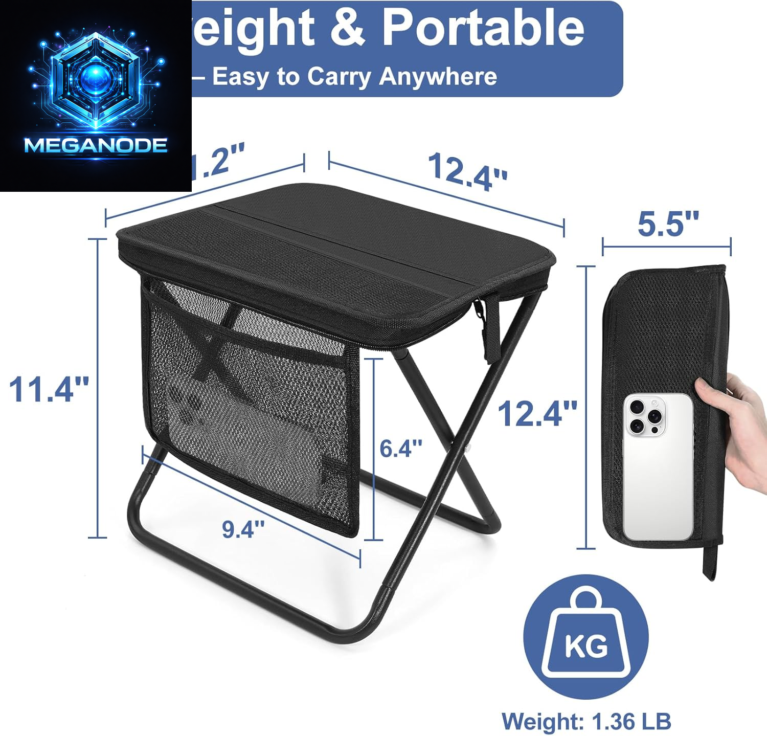 Portable Folding Camp Stool with Side Pocket, Lightweight Foldable Camping Stool for Adults, Backpacking Travel Fishing Stool Mini Chair, Compact Folding Seat with Storage Bag